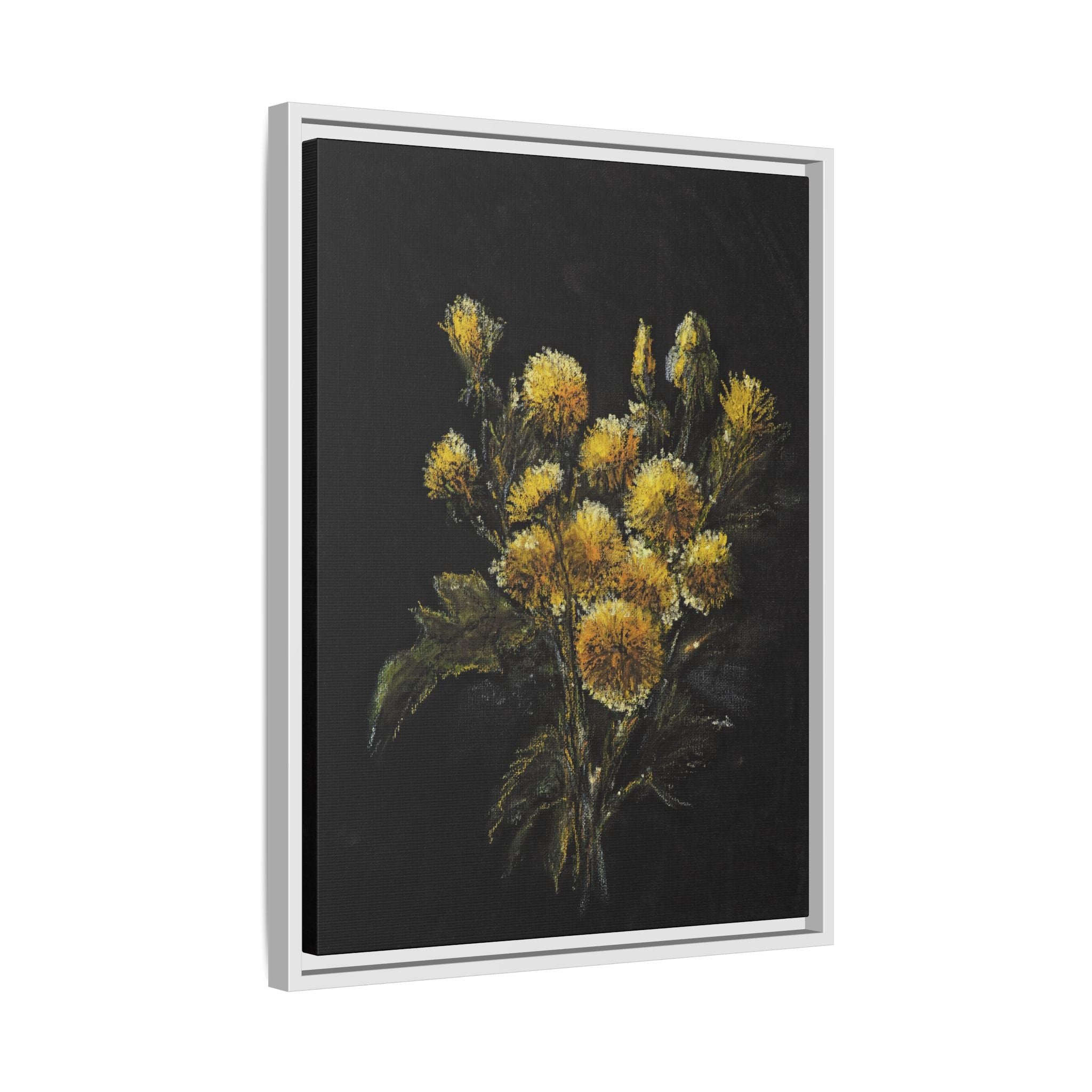 Framed Matte Canvas Print — Yellow Wildflower Bouquet on Black (Botanical Wall Art)