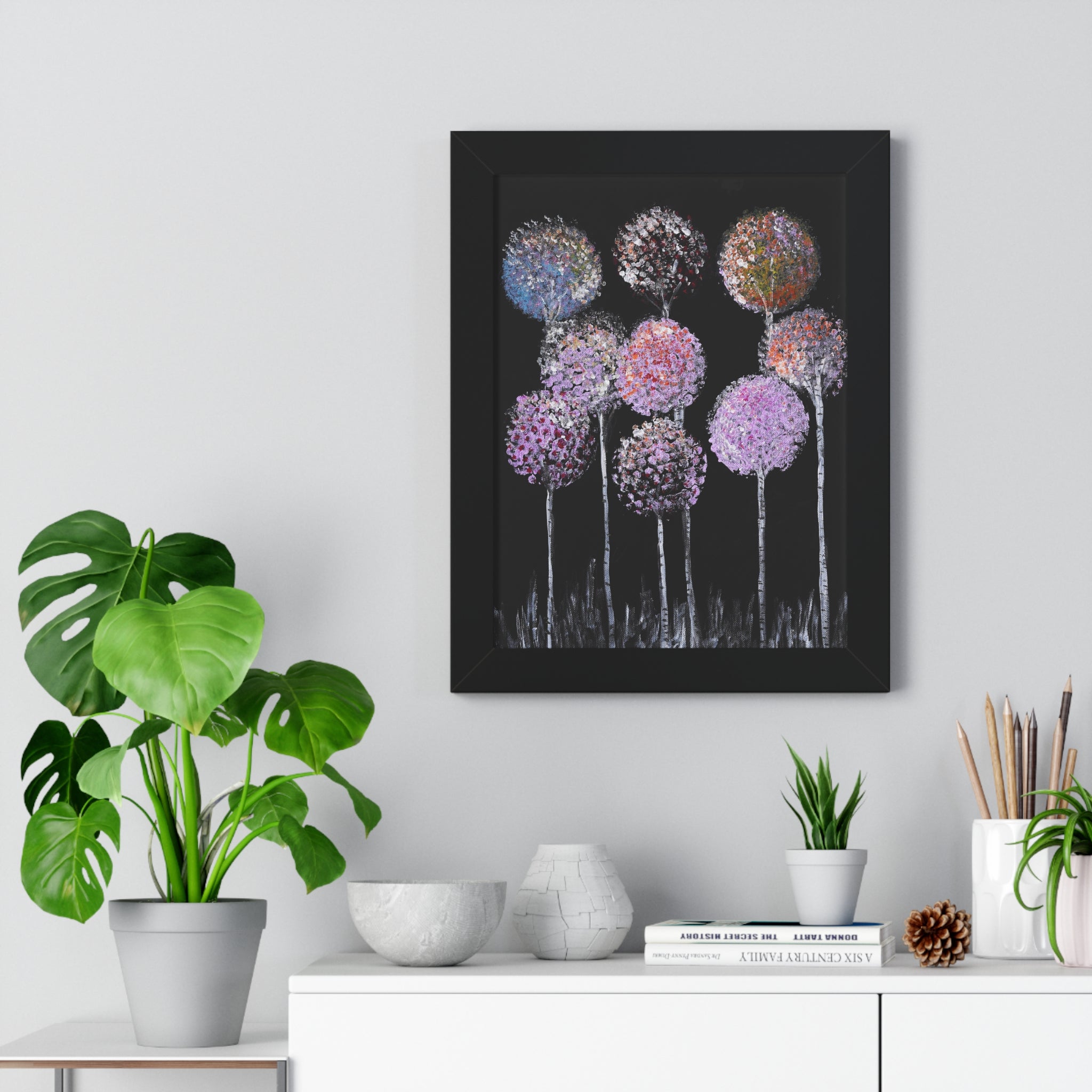 Framed Poster — Pastel Floral Art on Black | Vertical Wall Print
