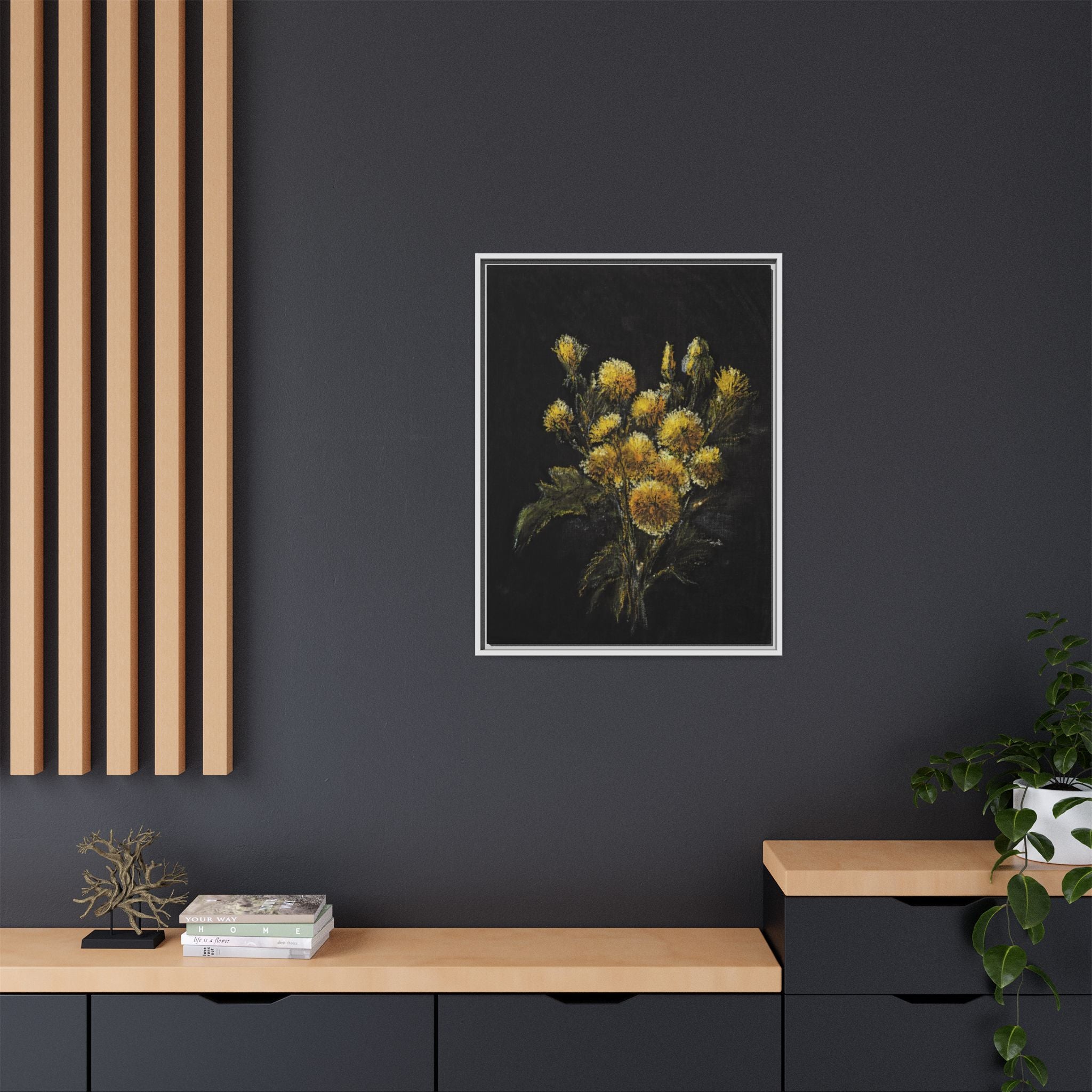 Framed Matte Canvas Print — Yellow Wildflower Bouquet on Black (Botanical Wall Art)