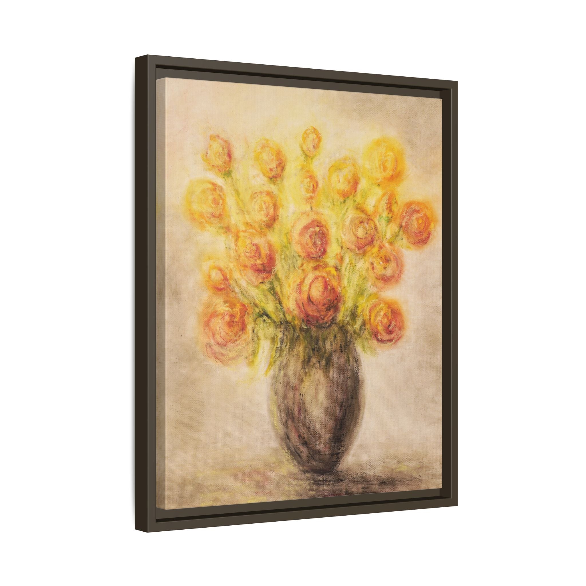 Framed Matte Canvas Floral Bouquet Wall Art — Yellow Rose Vase Print
