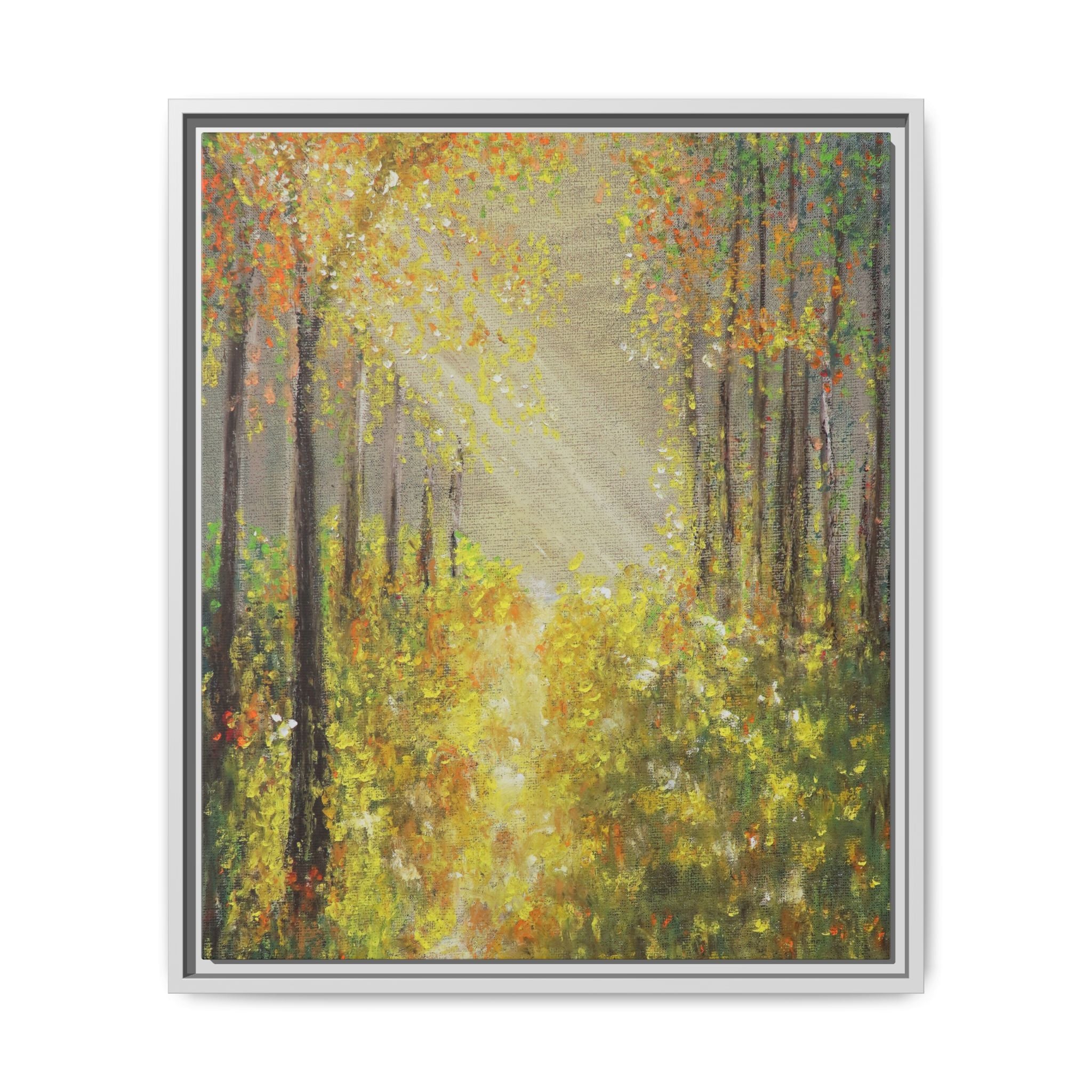 Sunlit Forest Path Framed Canvas Art — Autumn Woodland Wall Decor