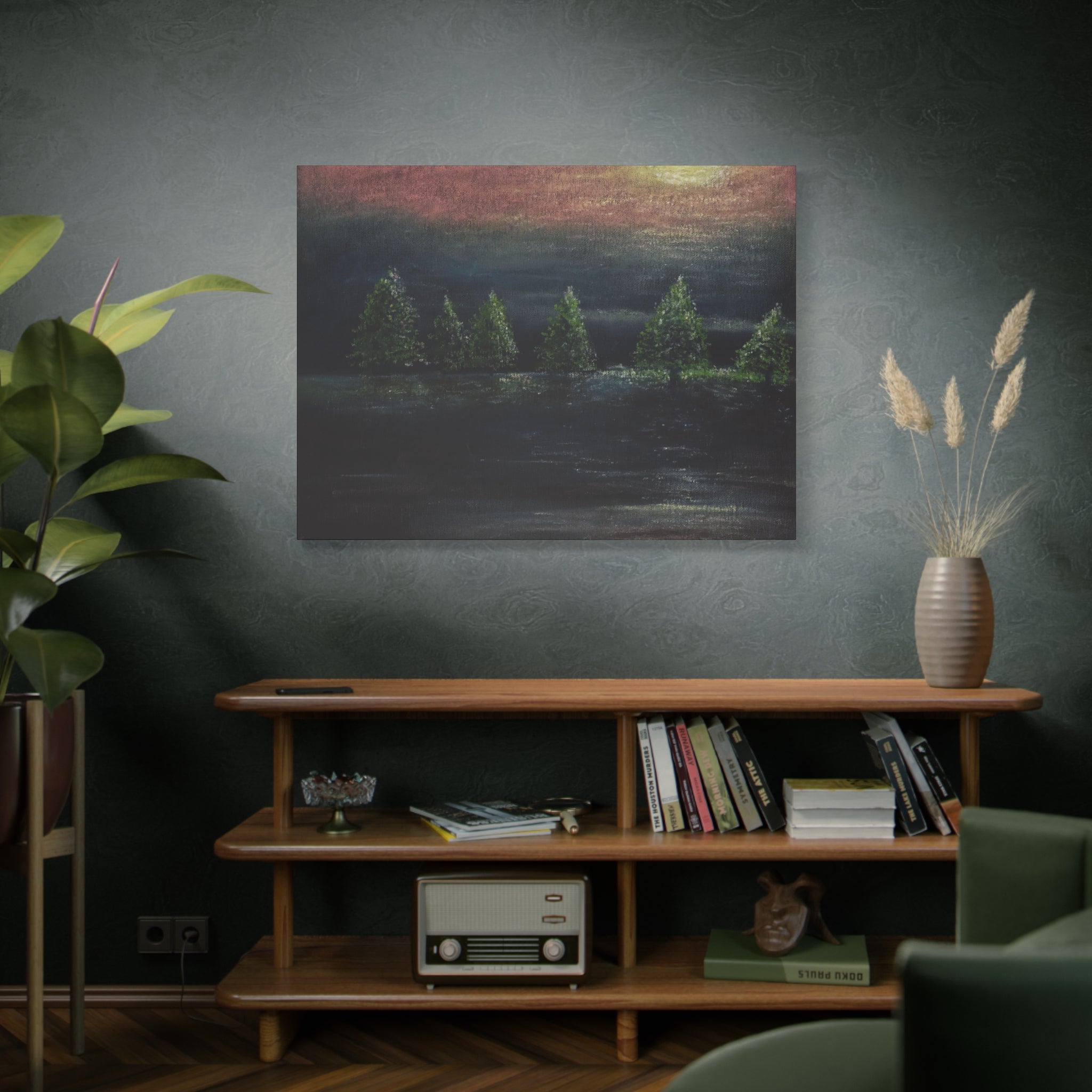 Moonlit Pine Trees Matte Canvas Wall Art — Stretched Nature Landscape Painting