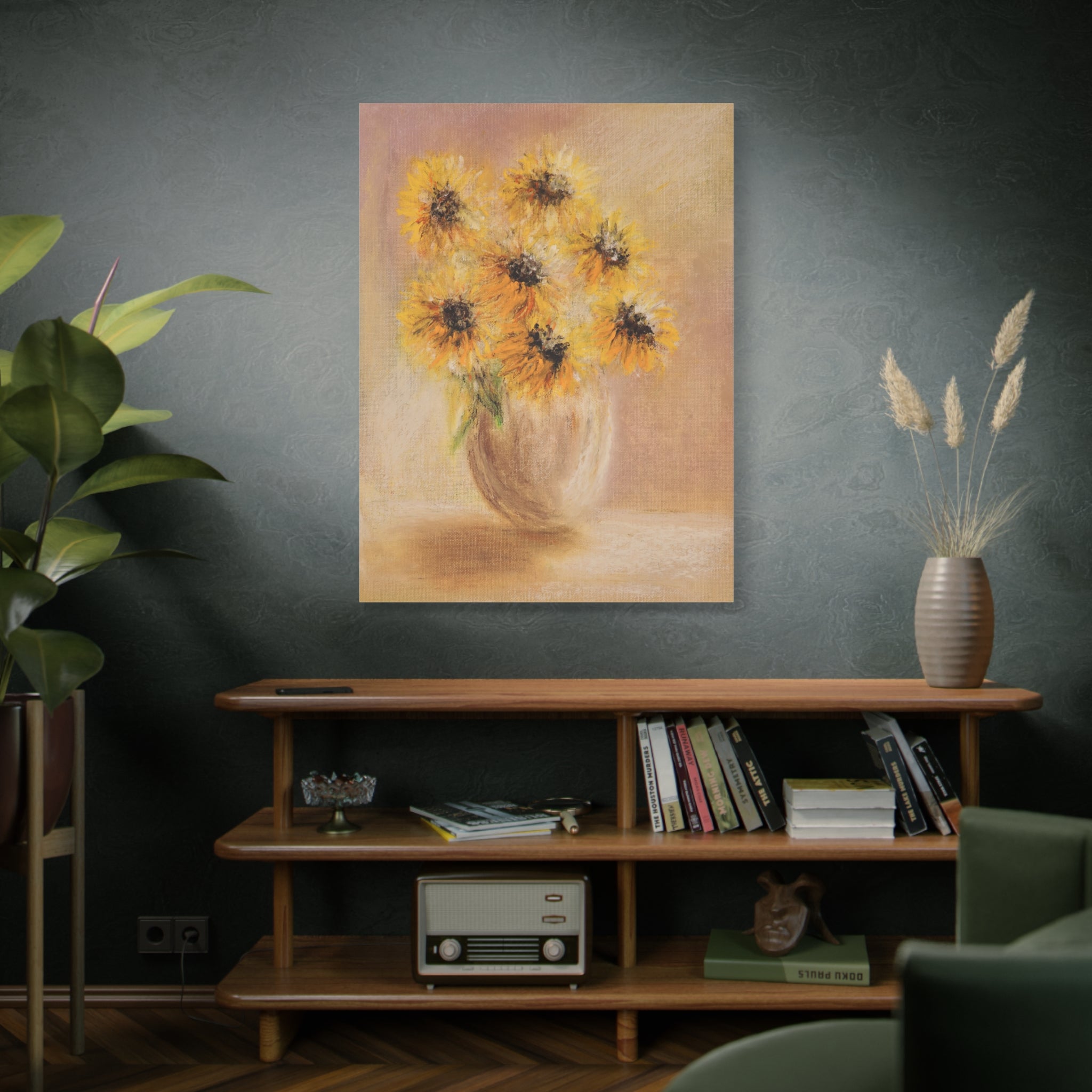 Room interior with a Sunflower Vase Canvas — Matte Stretched Wall Art of sunflowers in a vase, hanging on the wall, books on a shelf, and decorative items.
