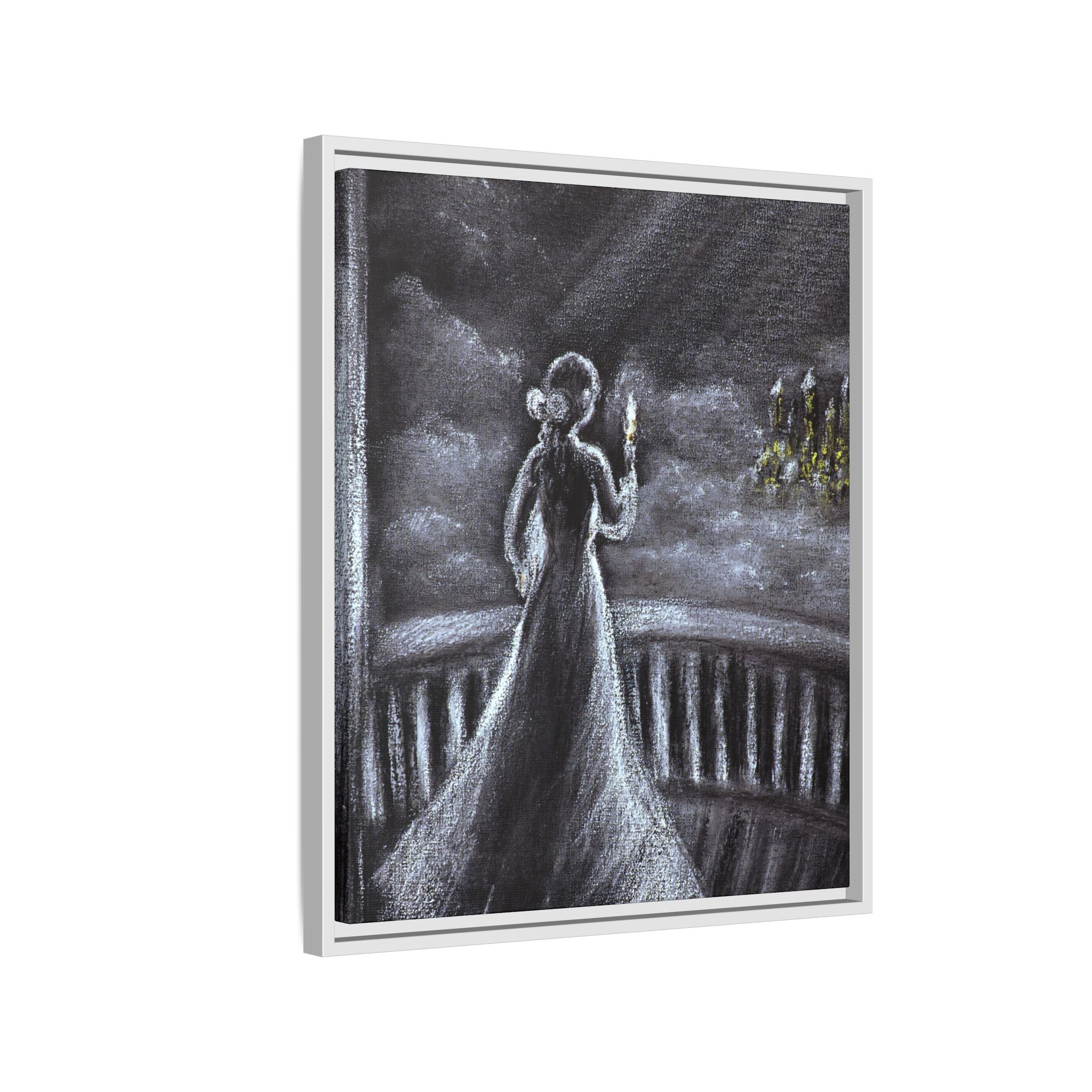 Framed Matte Canvas — Moonlit Lady on Balcony