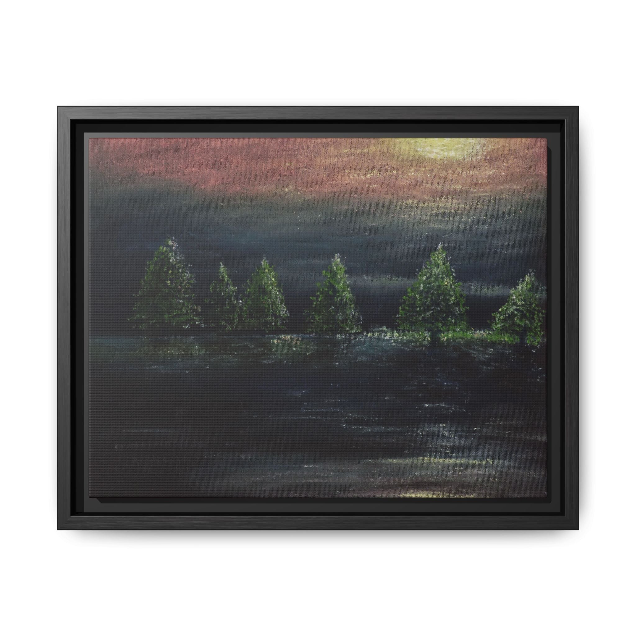 Framed Matte Canvas Wall Art — Moonlit Pine Trees Landscape
