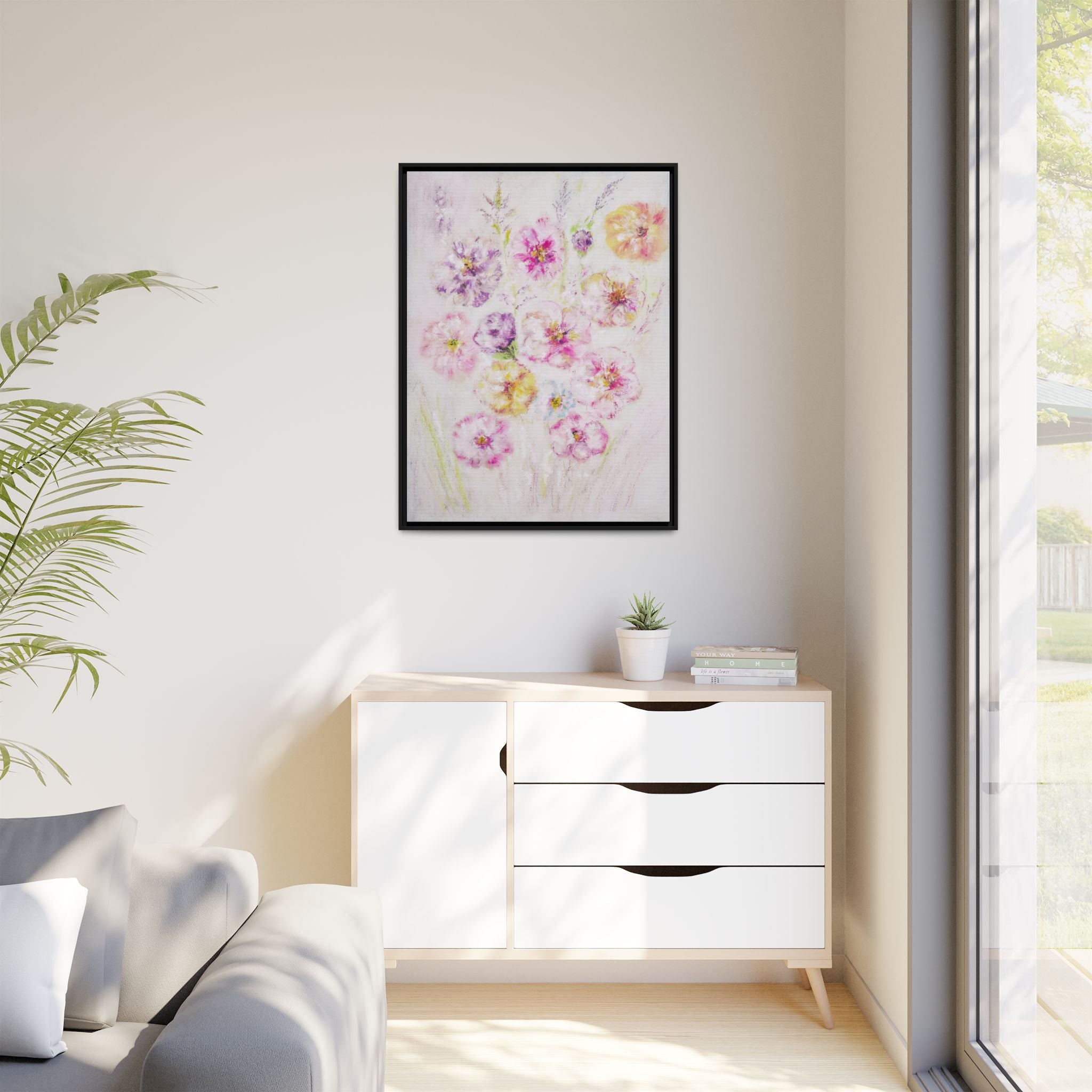Framed Floral Canvas Print — Soft Pastel Bouquet Wall Art