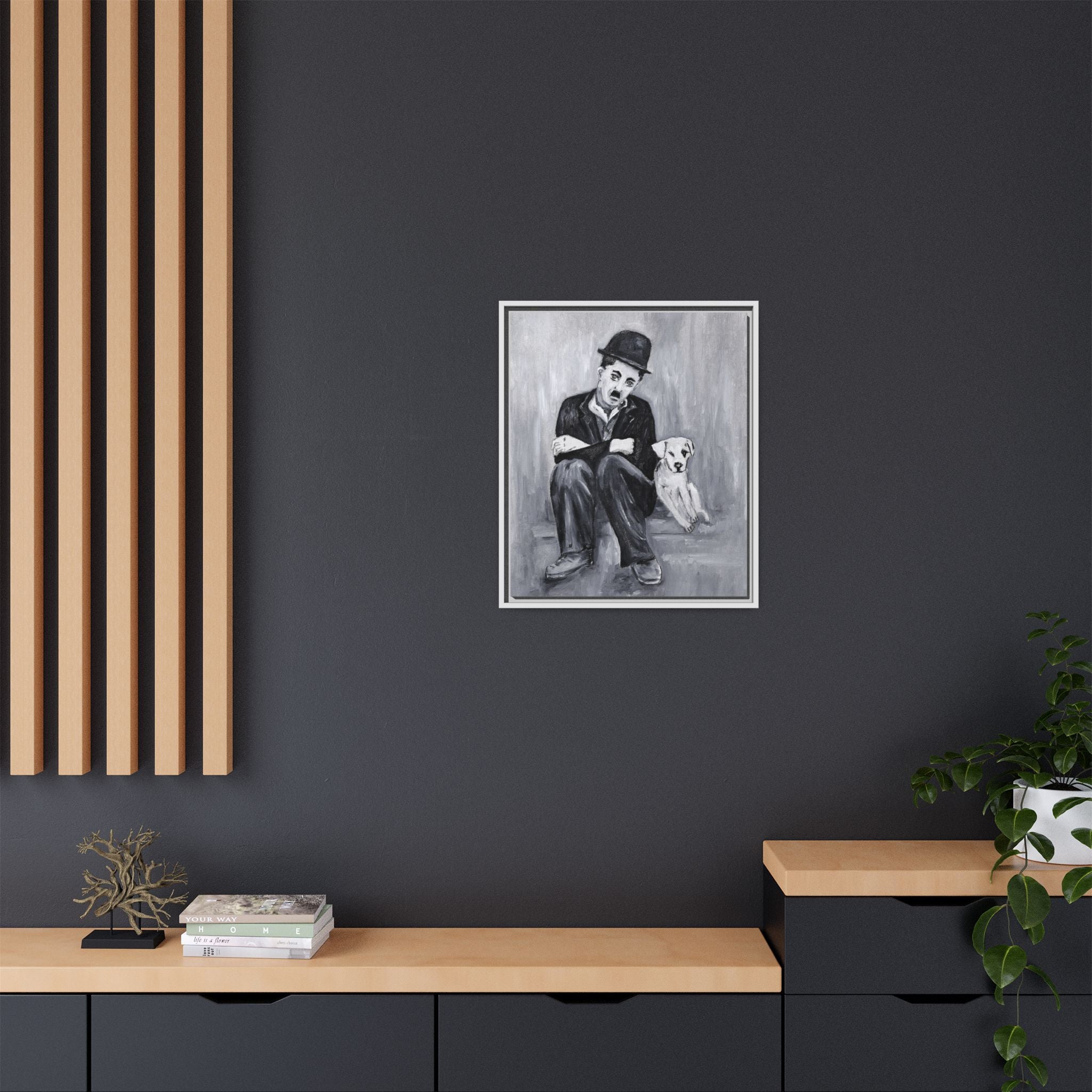 Charlie Chaplin & Dog Matte Framed Canvas Print — Vintage Black & White Wall Art