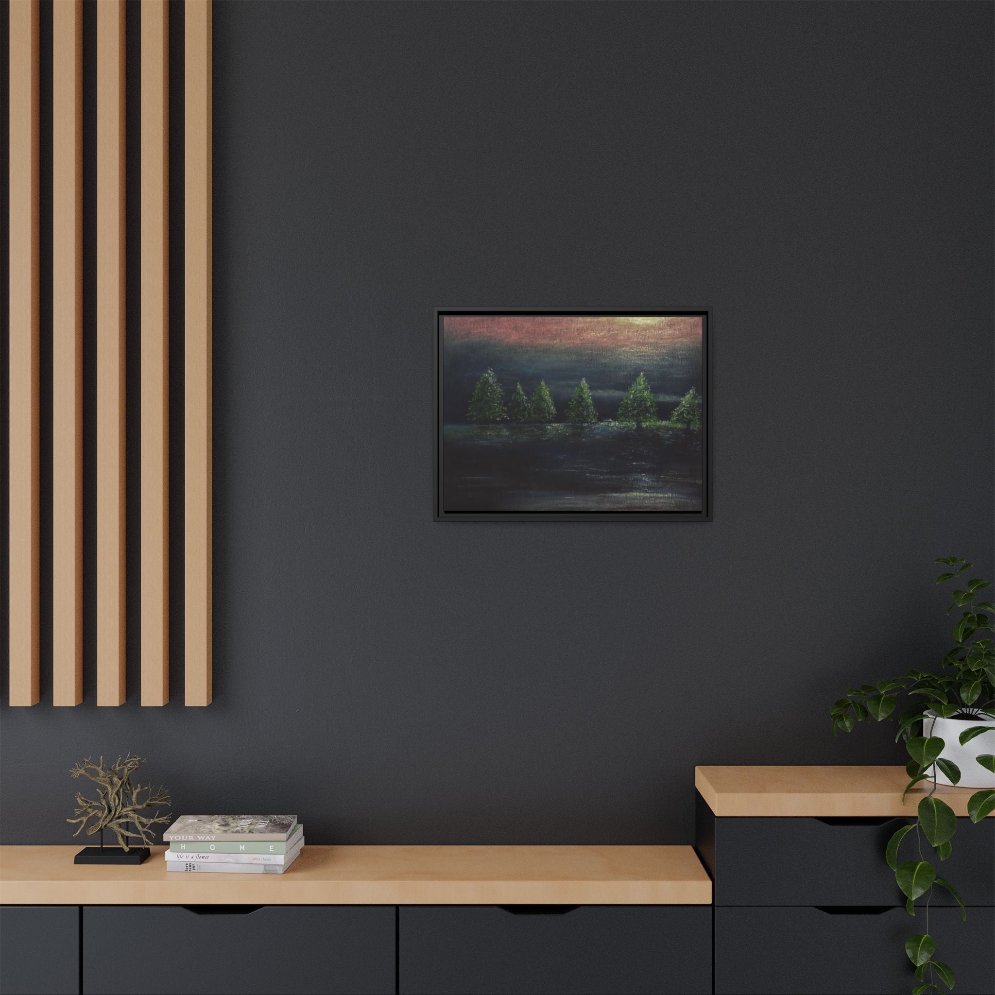 Framed Matte Canvas Wall Art — Moonlit Pine Trees Landscape