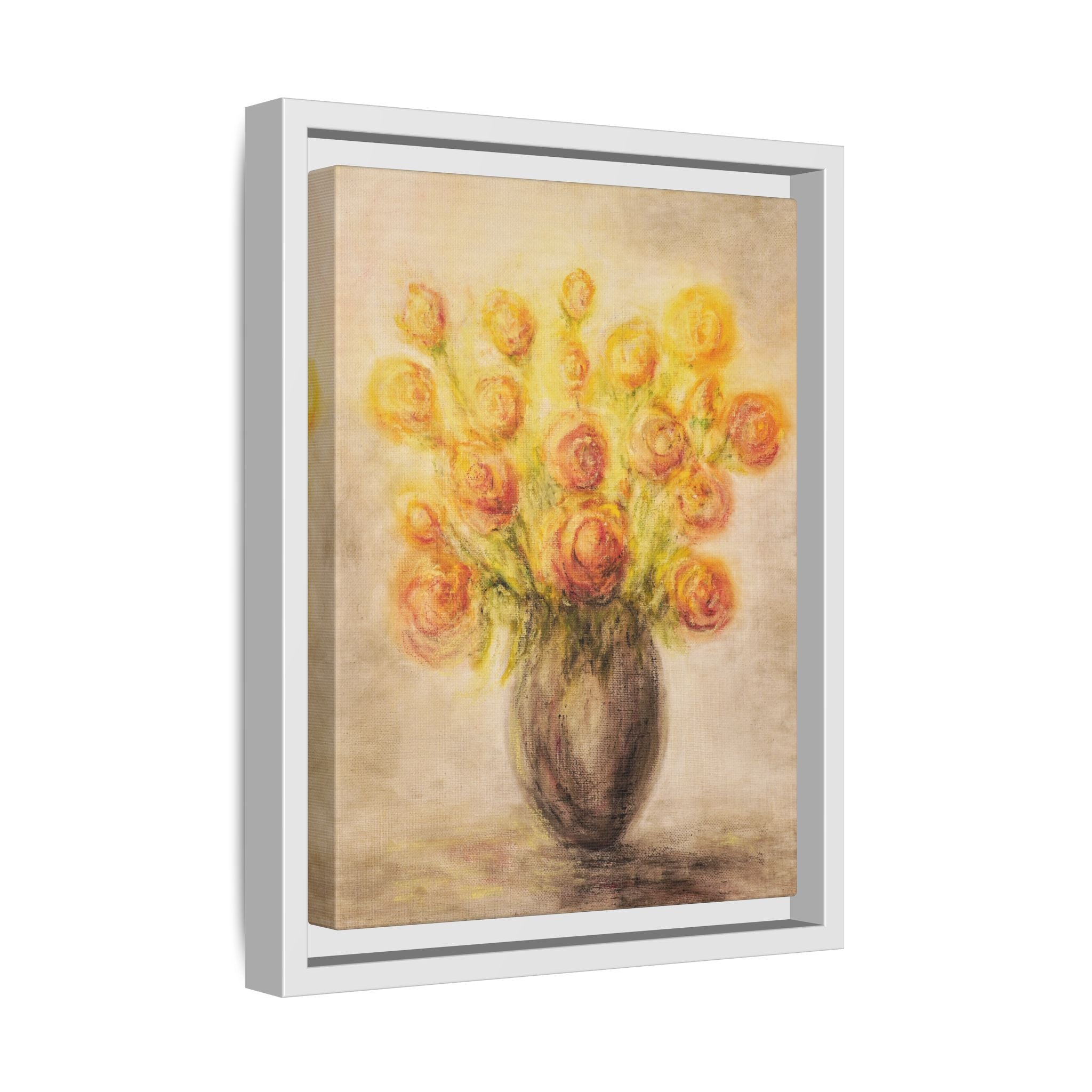 Framed Matte Canvas Floral Bouquet Wall Art — Yellow Rose Vase Print