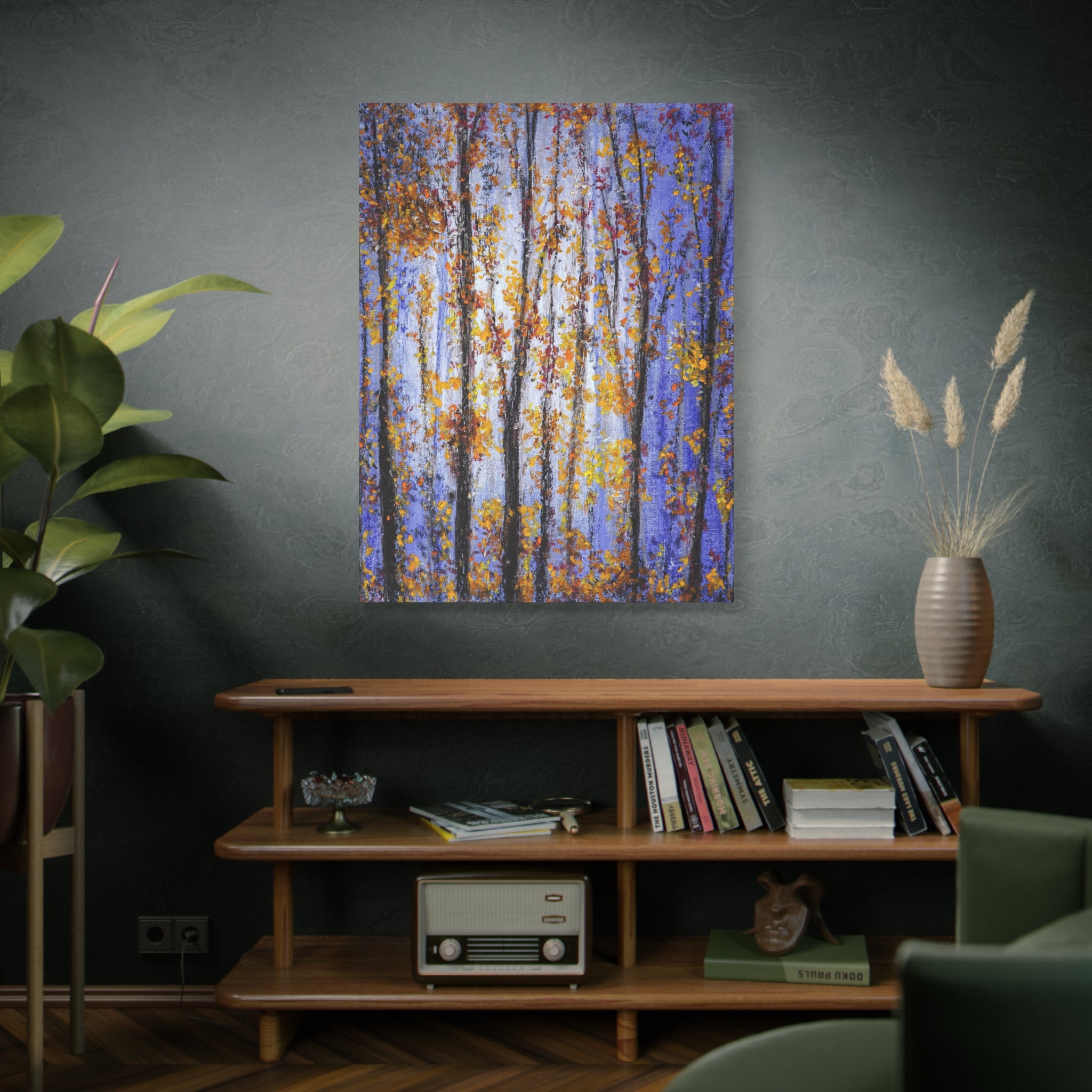  Purple & Gold Forest Wall Art (1.25") Artistic canvas depiction of trees with autumn colors on a wall above a wooden shelf.