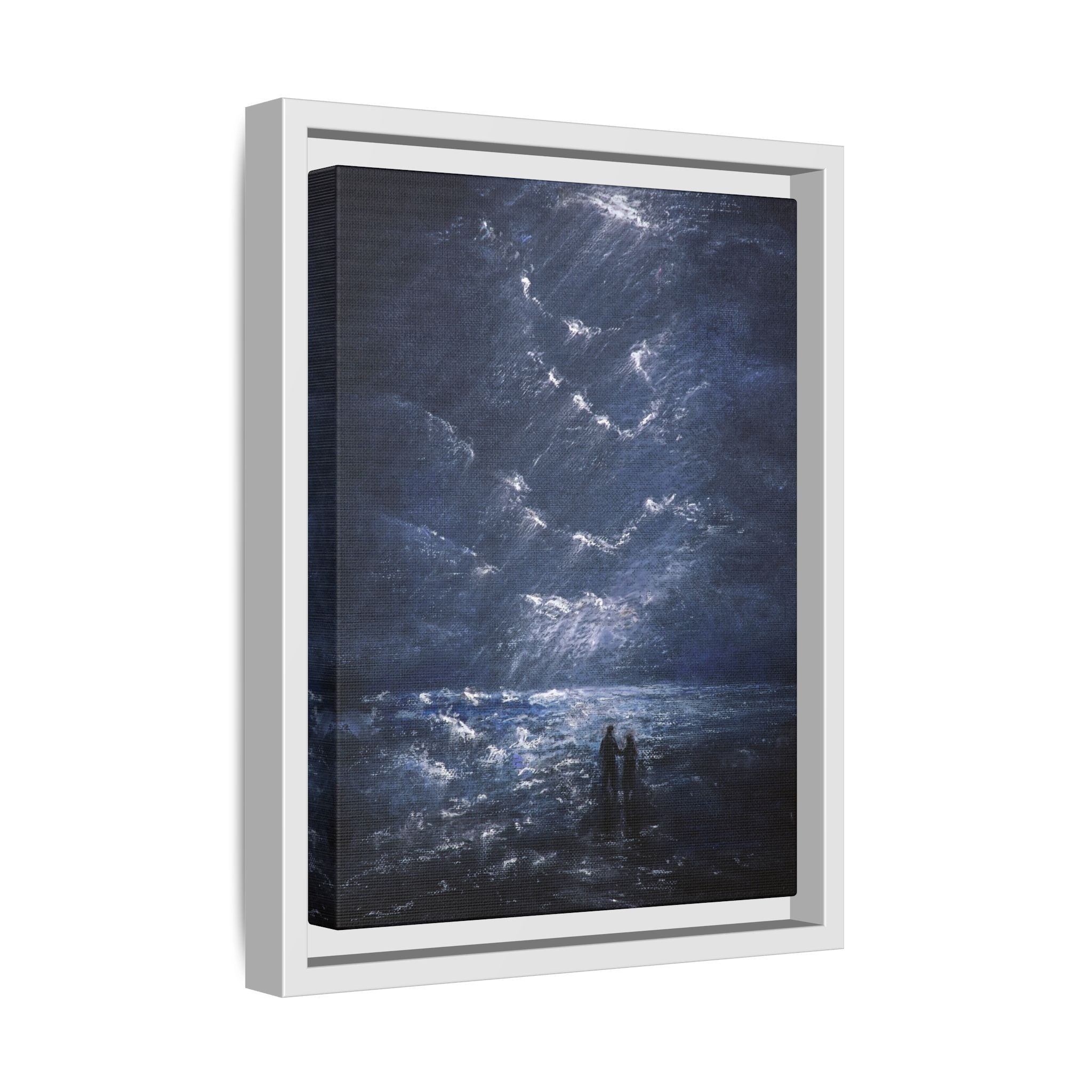 Couple on Shore at Night - Framed Canvas Art