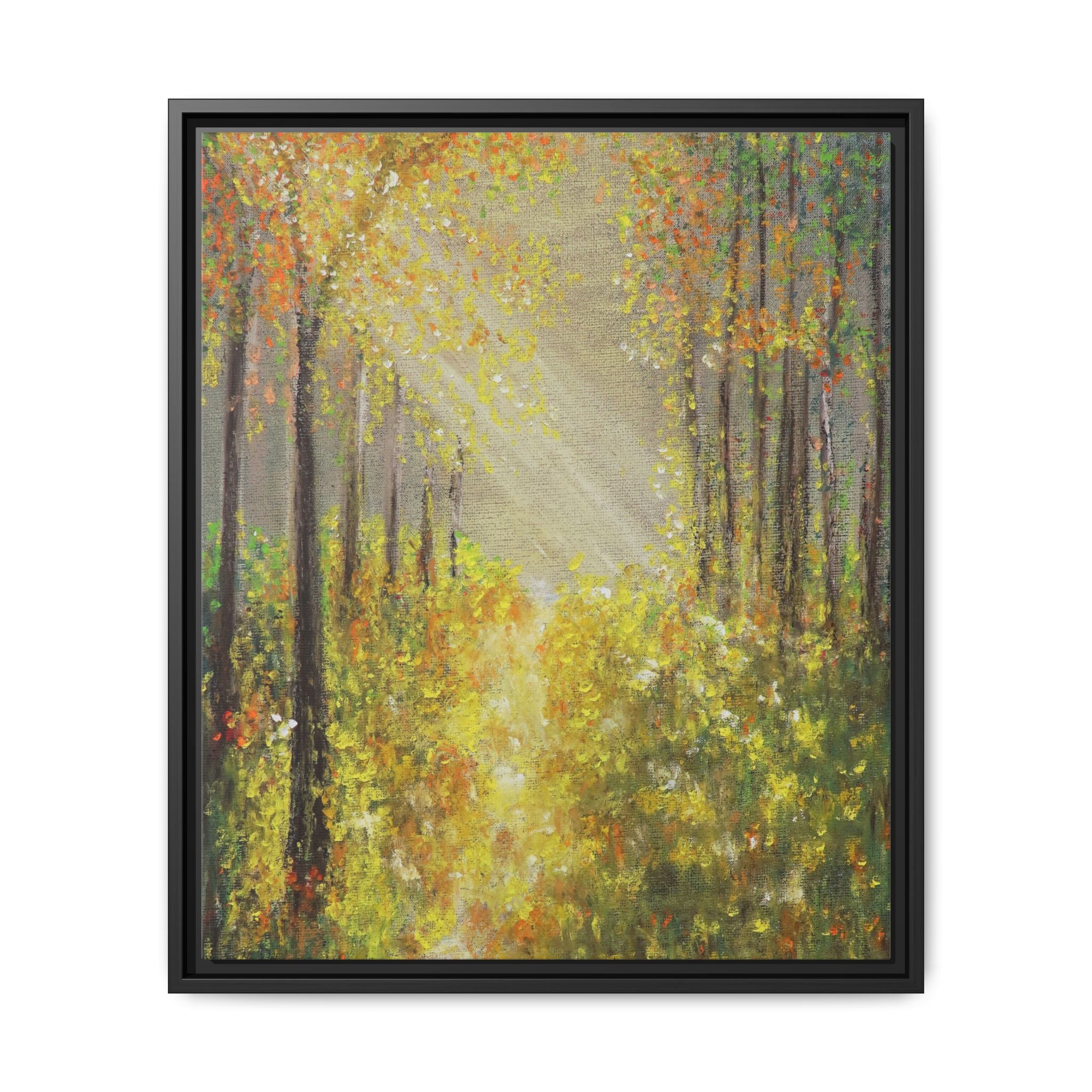 Sunlit Forest Path Framed Canvas Art — Autumn Woodland Wall Decor