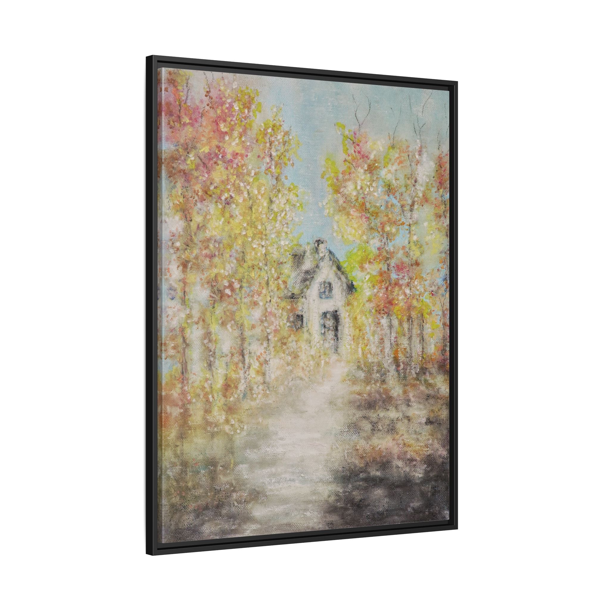 Framed Autumn Cottage Canvas Print — Rustic Fall Landscape Wall Art