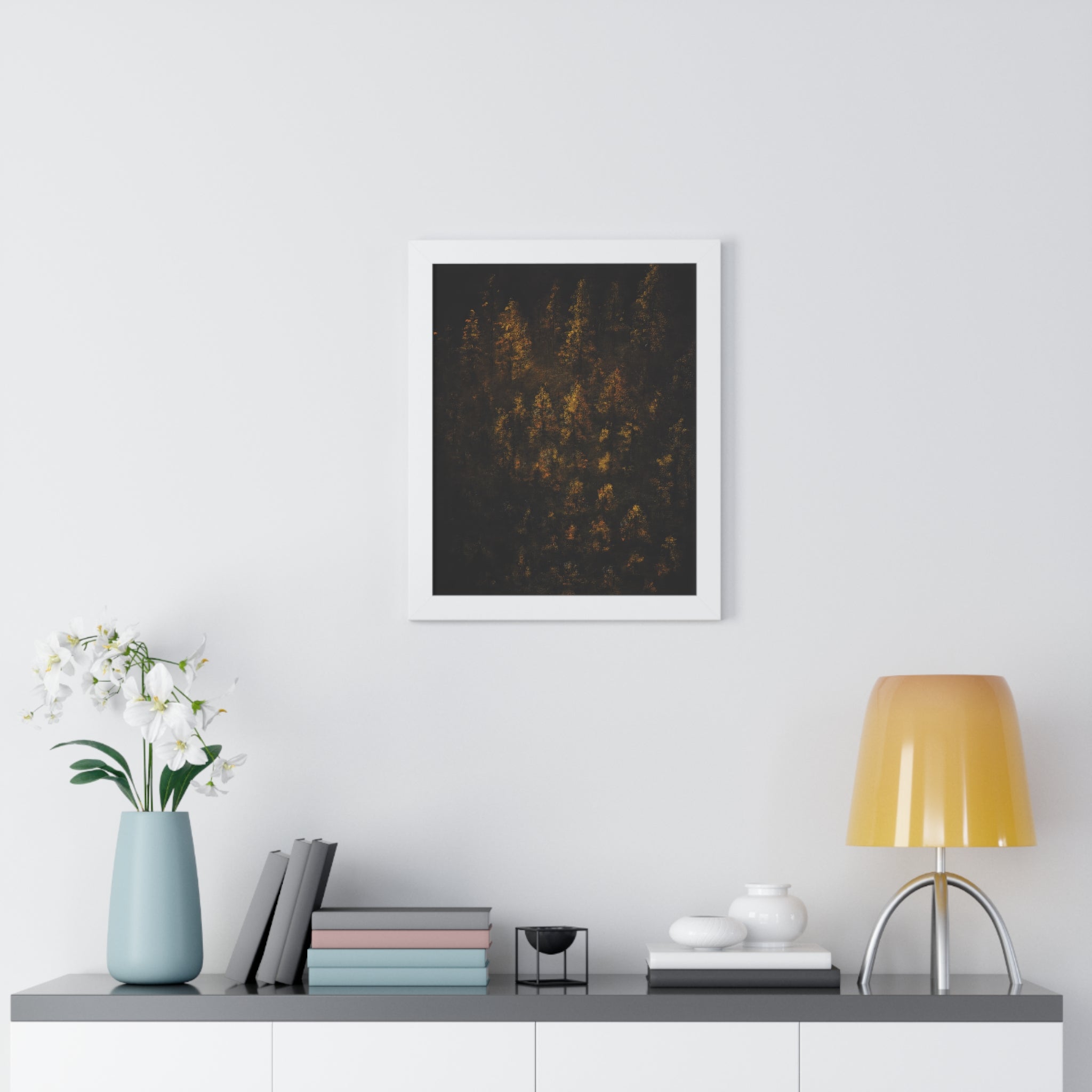 Framed Poster — Moody Golden Forest Wall Art (Vertical)