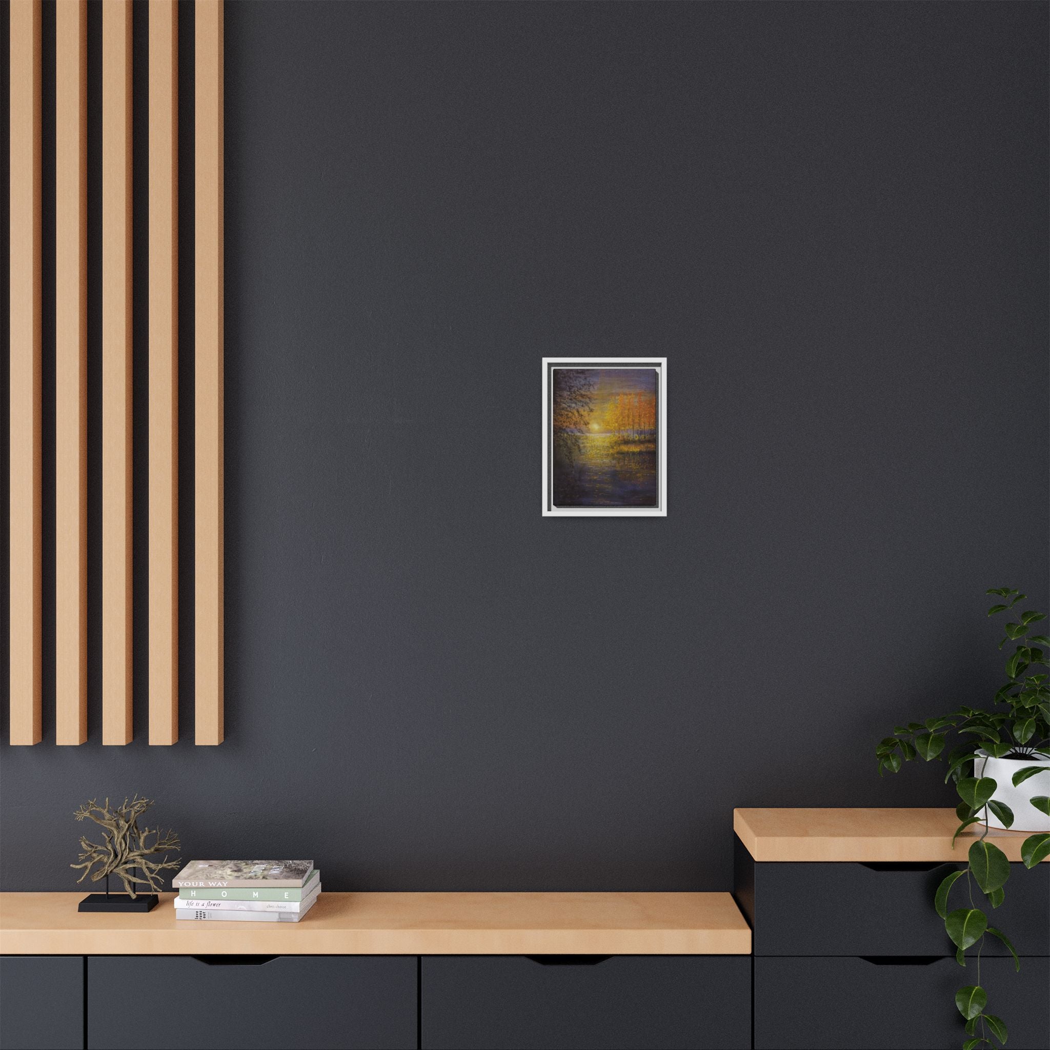 Framed Matte Canvas Painting - Golden Trees Over Tranquil Lake