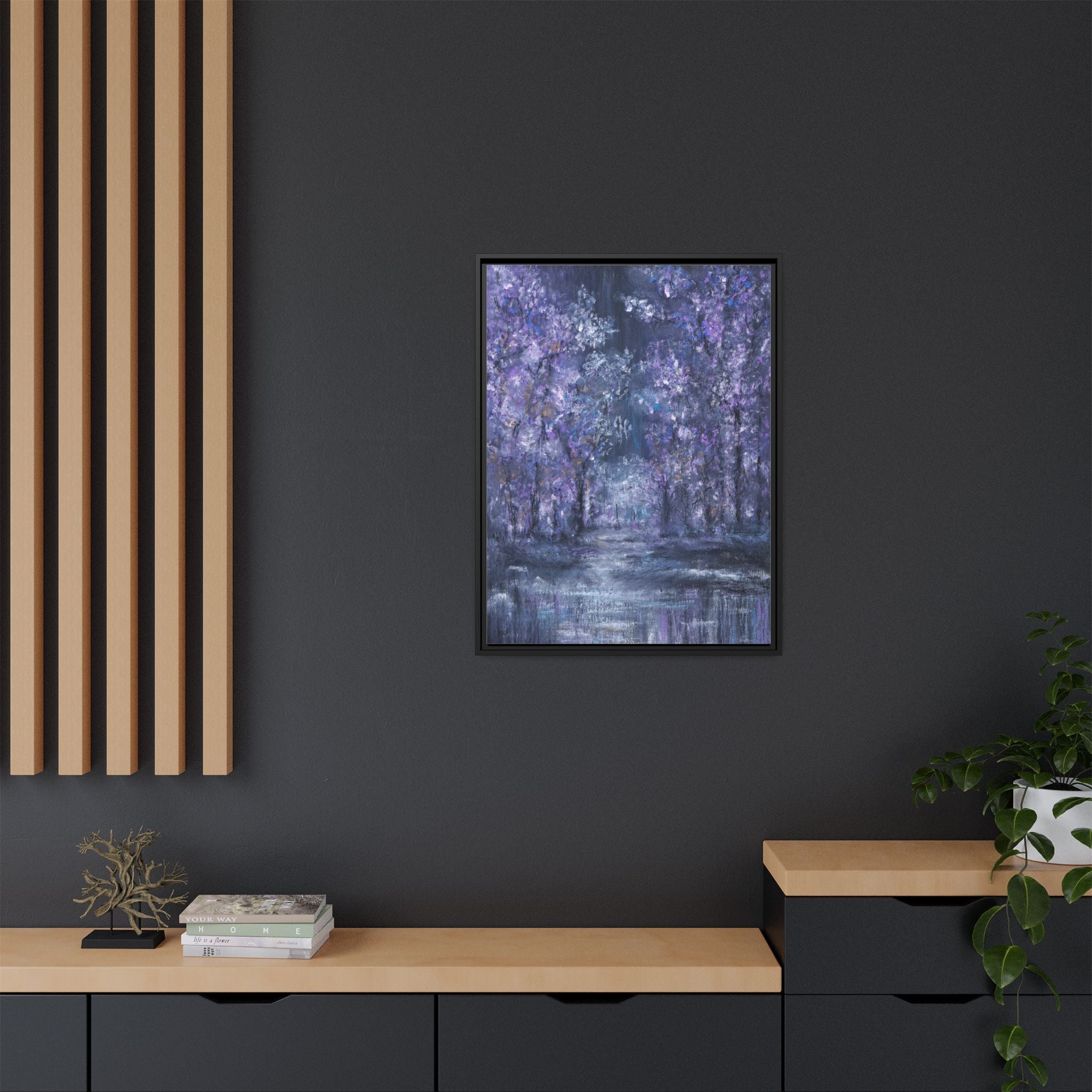 Framed Matte Canvas Art – Lavender Forest Moonlit Landscape