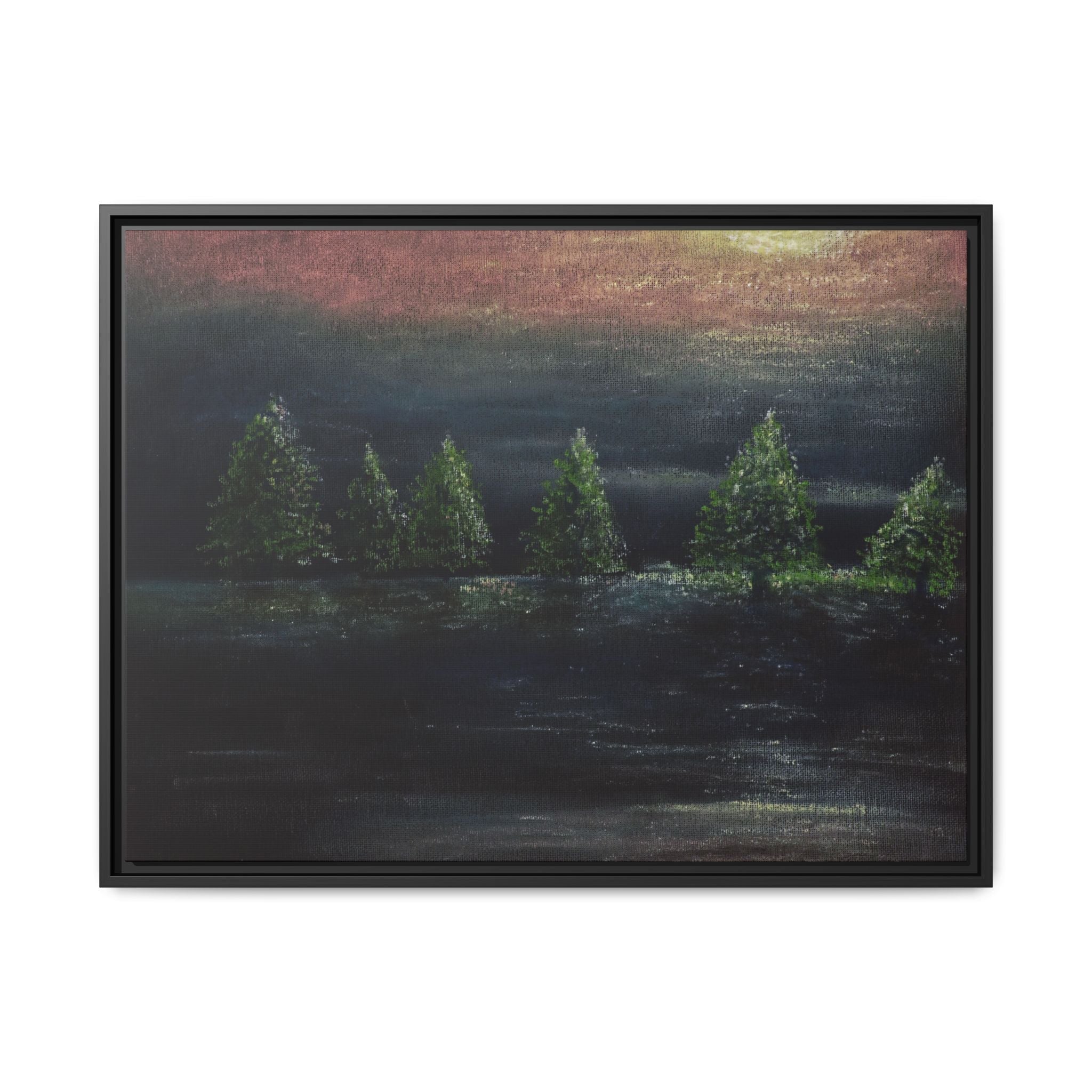Framed Matte Canvas Wall Art — Moonlit Pine Trees Landscape
