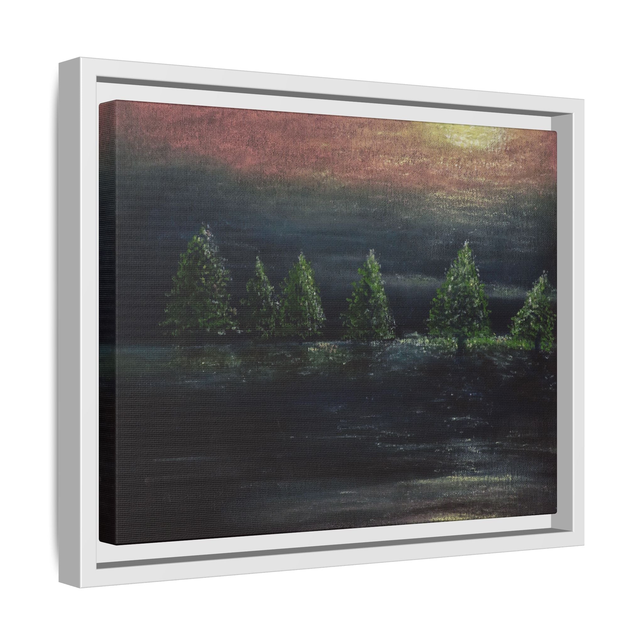 Framed Matte Canvas Wall Art — Moonlit Pine Trees Landscape