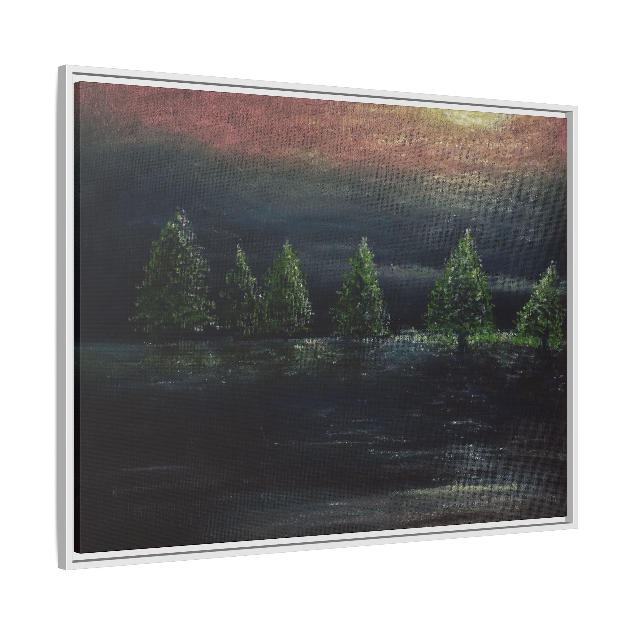 Framed Matte Canvas Wall Art — Moonlit Pine Trees Landscape