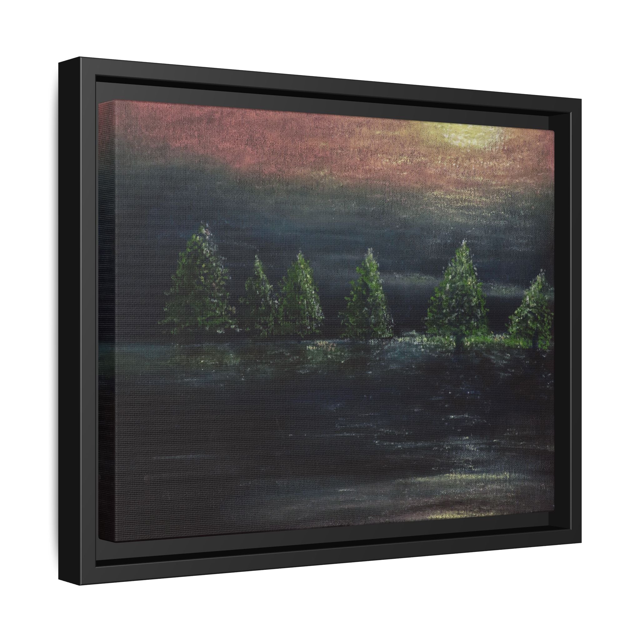 Framed Matte Canvas Wall Art — Moonlit Pine Trees Landscape