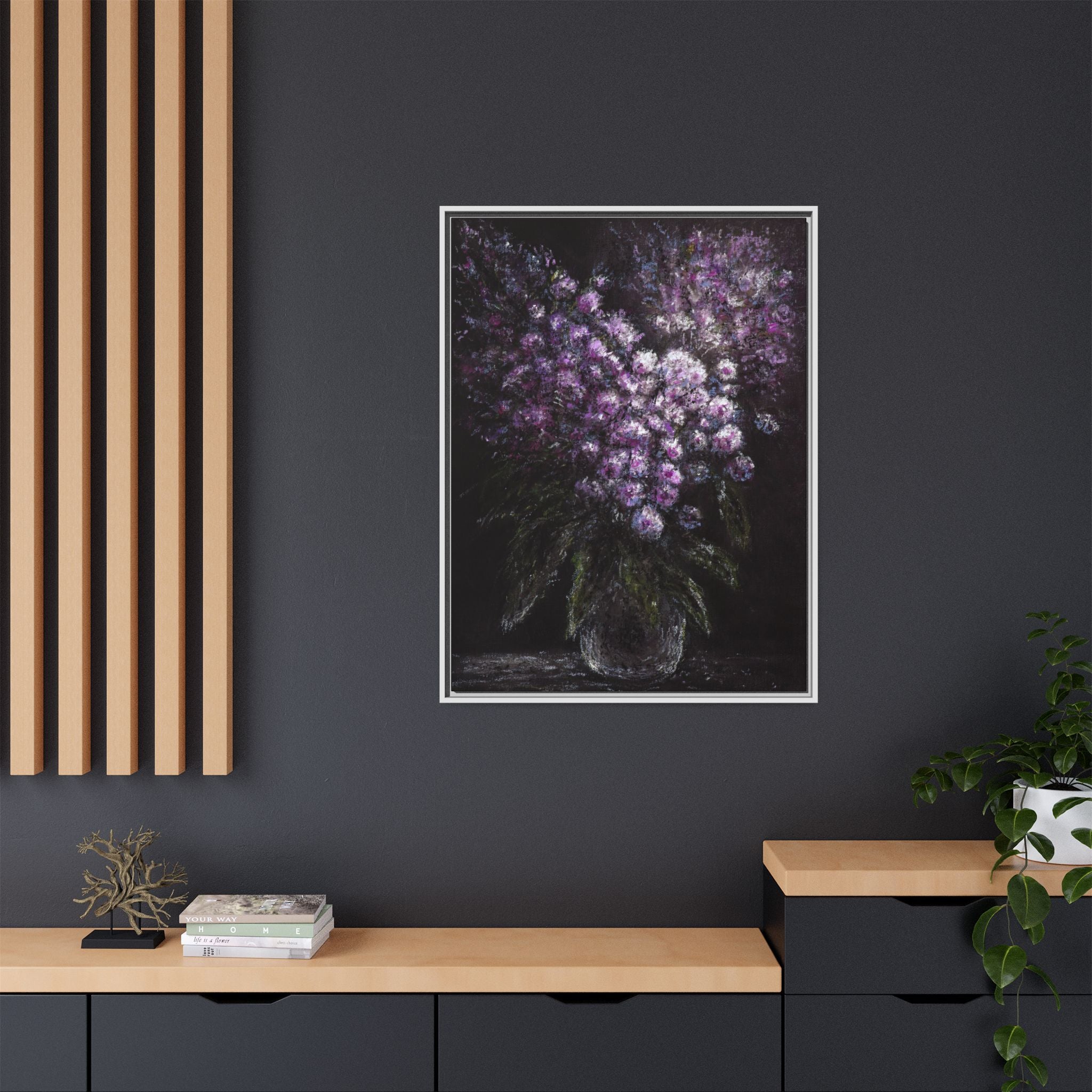 Framed Matte Canvas: Moody Purple Floral Bouquet Wall Art