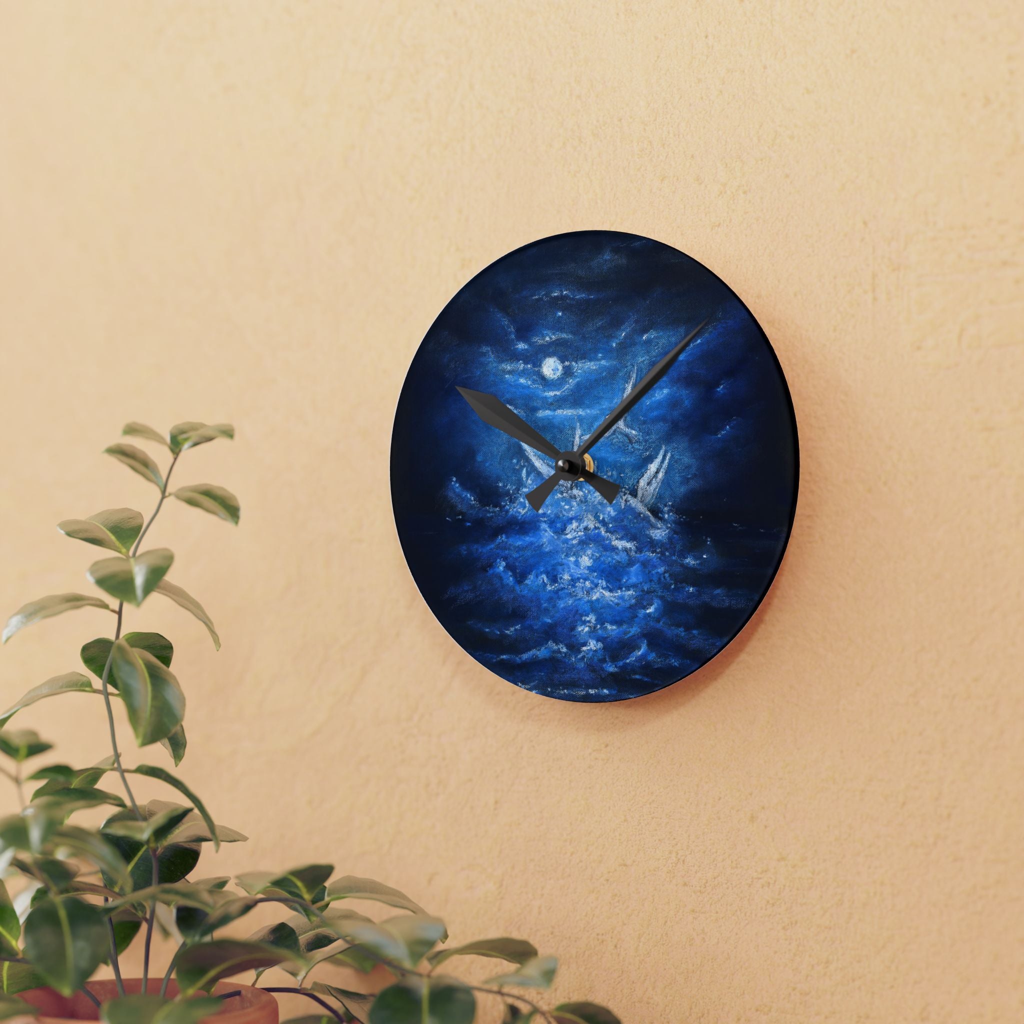 Acrylic Wall Clock — Midnight Ocean White Birds Night Sky Art