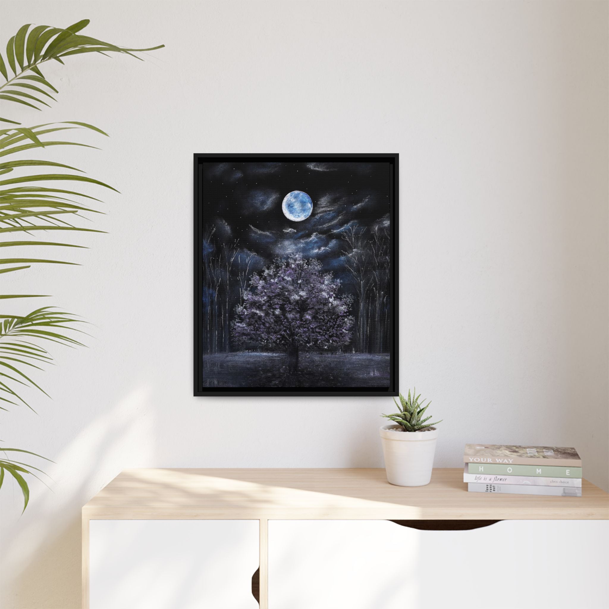 Framed Matte Canvas Art — Moonlit Tree Nightscape