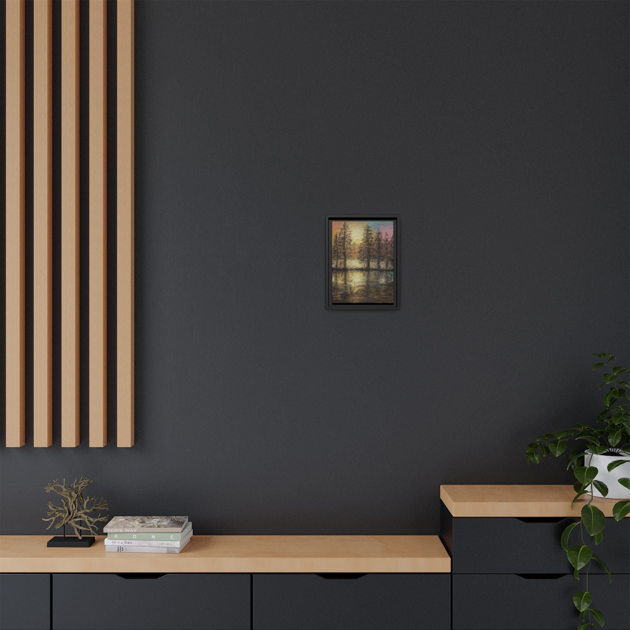 Framed Matte Canvas Wall Art — Sunset Forest Reflection