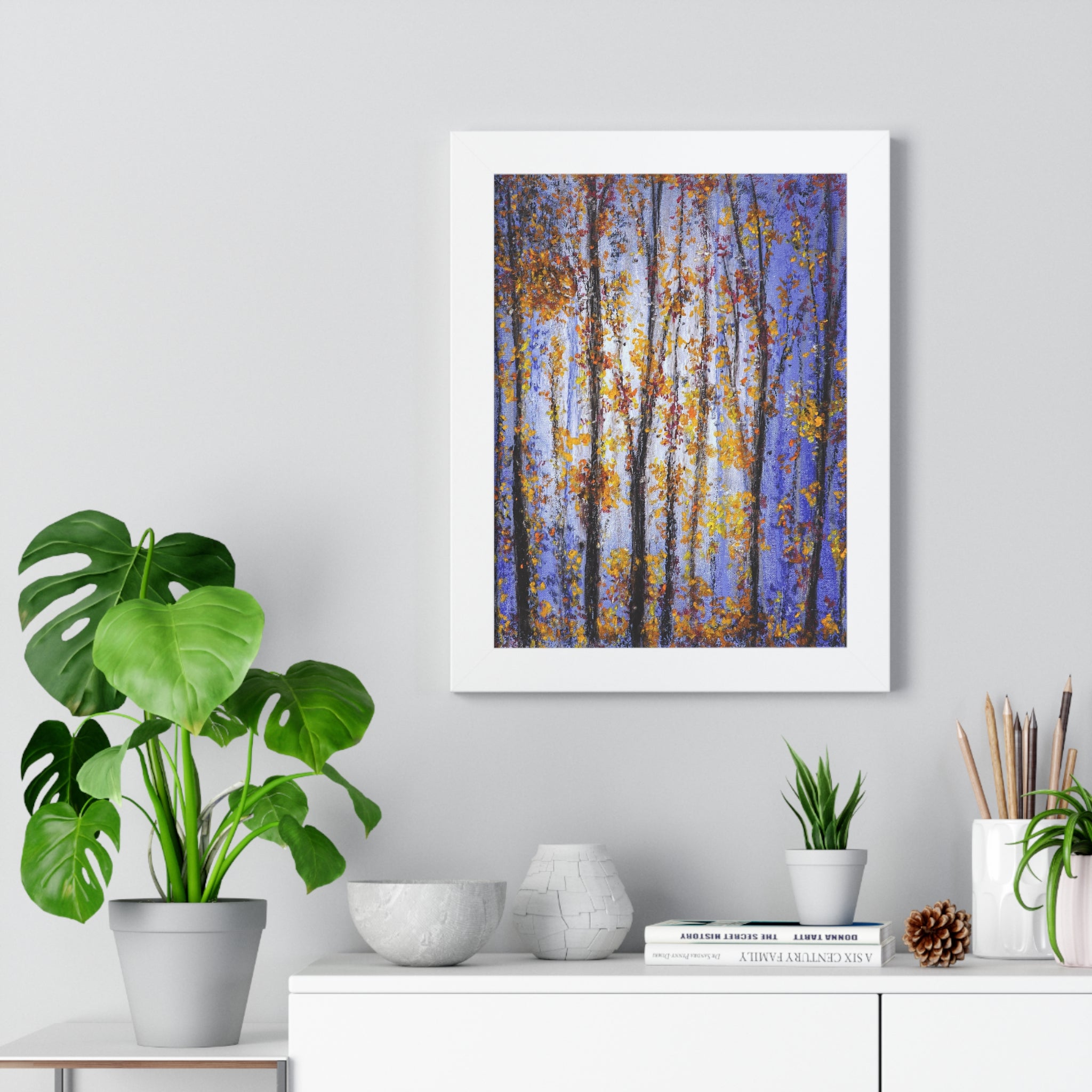 Autumn Birch Forest Framed Vertical Poster — Fall Trees Wall Art