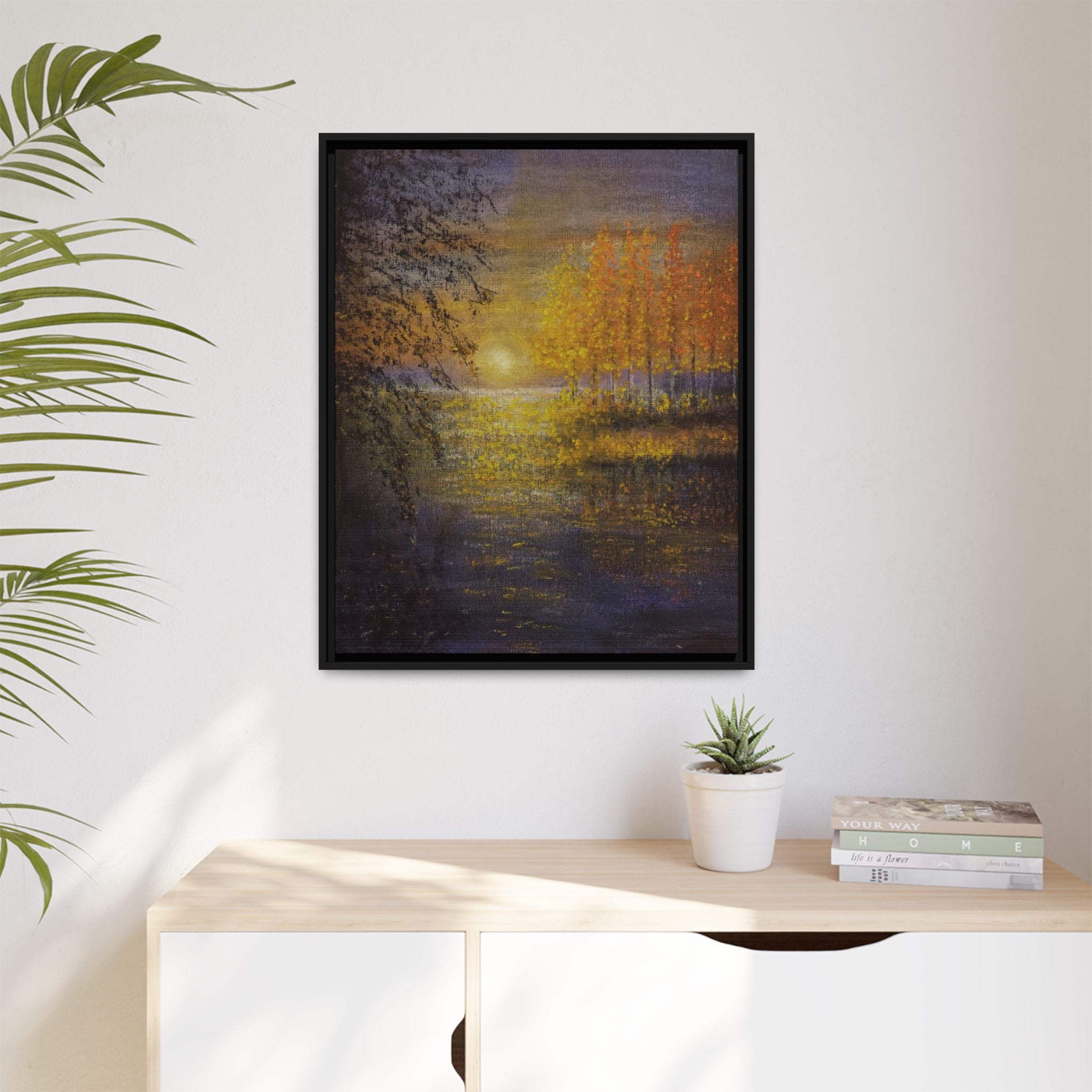 Framed Matte Canvas Painting - Golden Trees Over Tranquil Lake