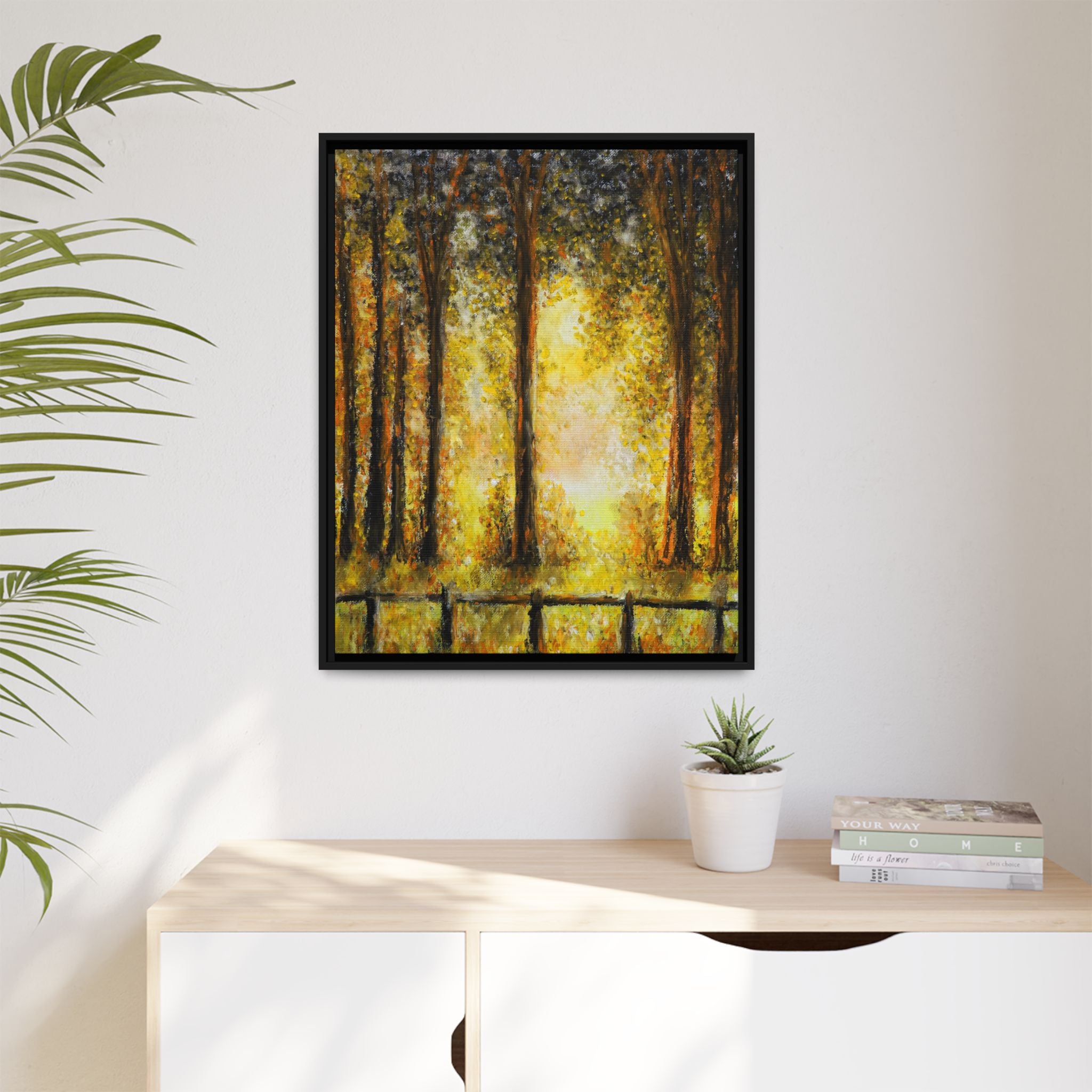 Framed Matte Canvas Art – Golden Forest Sunrise Landscape