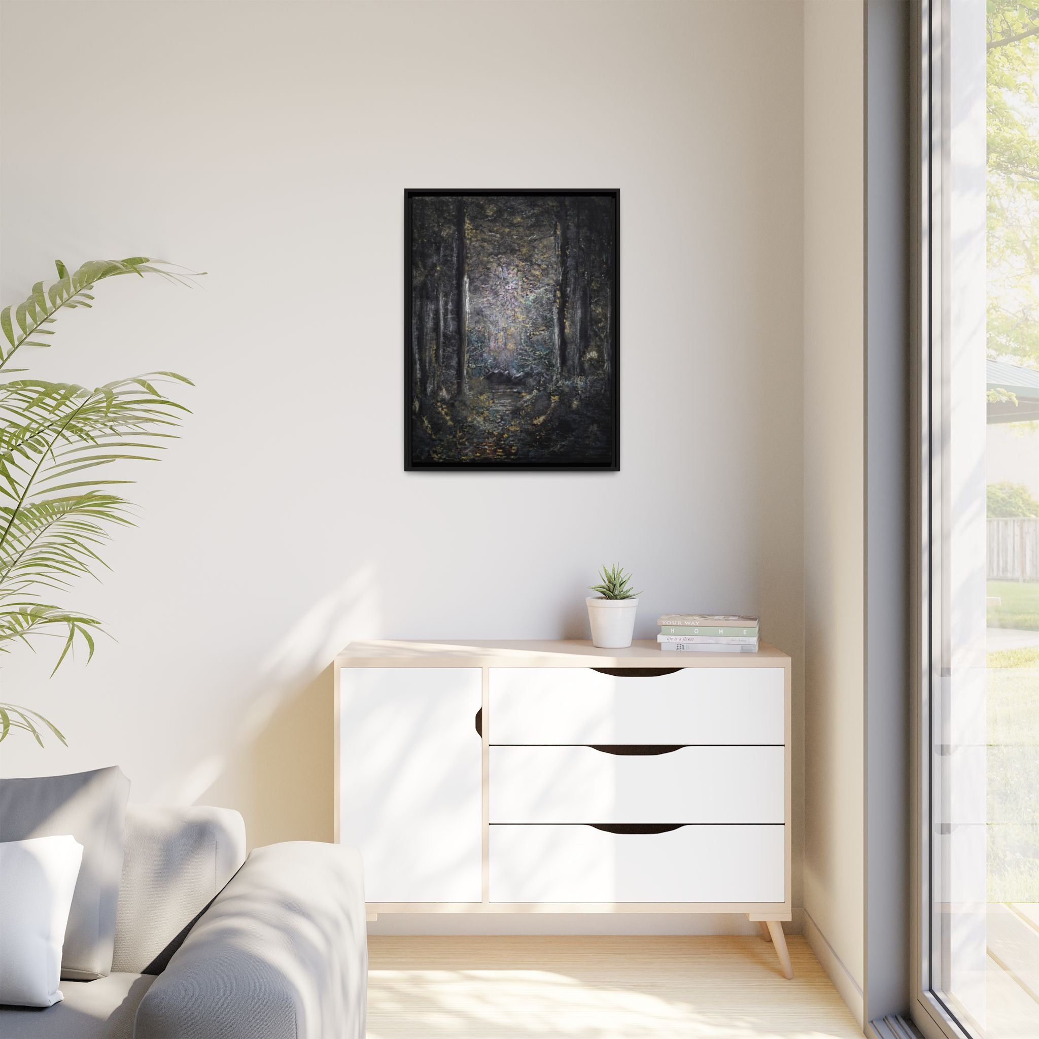 Framed Matte Canvas Forest Painting — Moody Woodland Wall Art