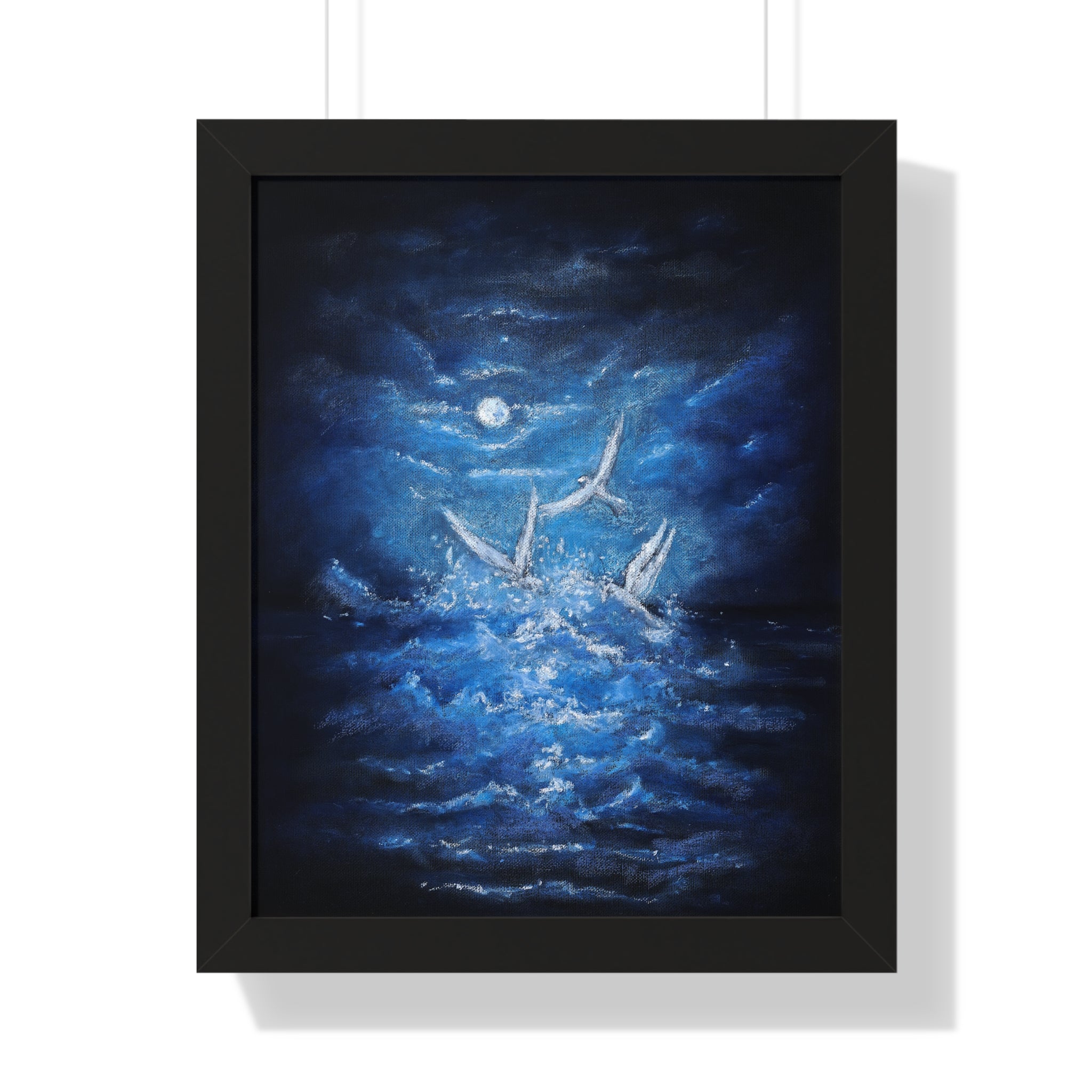 Framed Poster — Moonlit Sea with Flying Birds (Vertical)