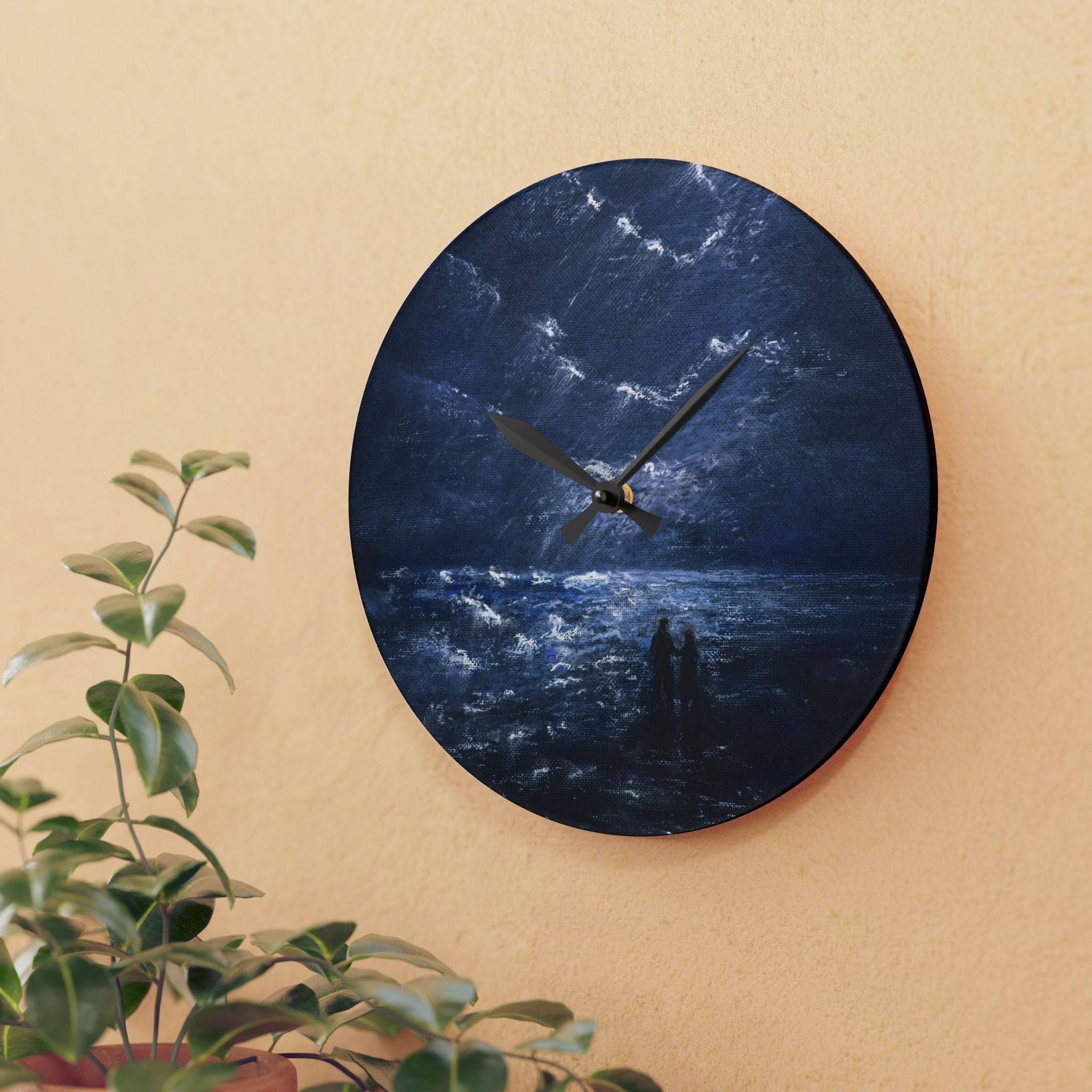 Acrylic Wall Clock — Moody Coastal Nightscape Clock (Couple on Shore)