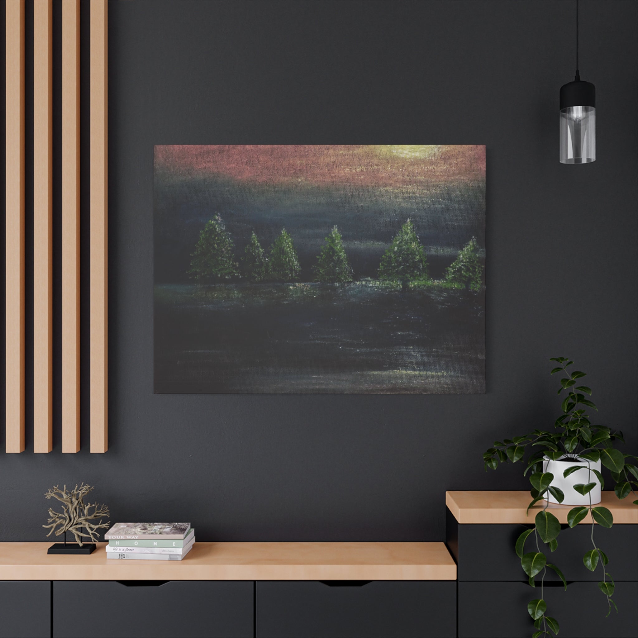 Moonlit Pine Trees Matte Canvas Wall Art — Stretched Nature Landscape Painting