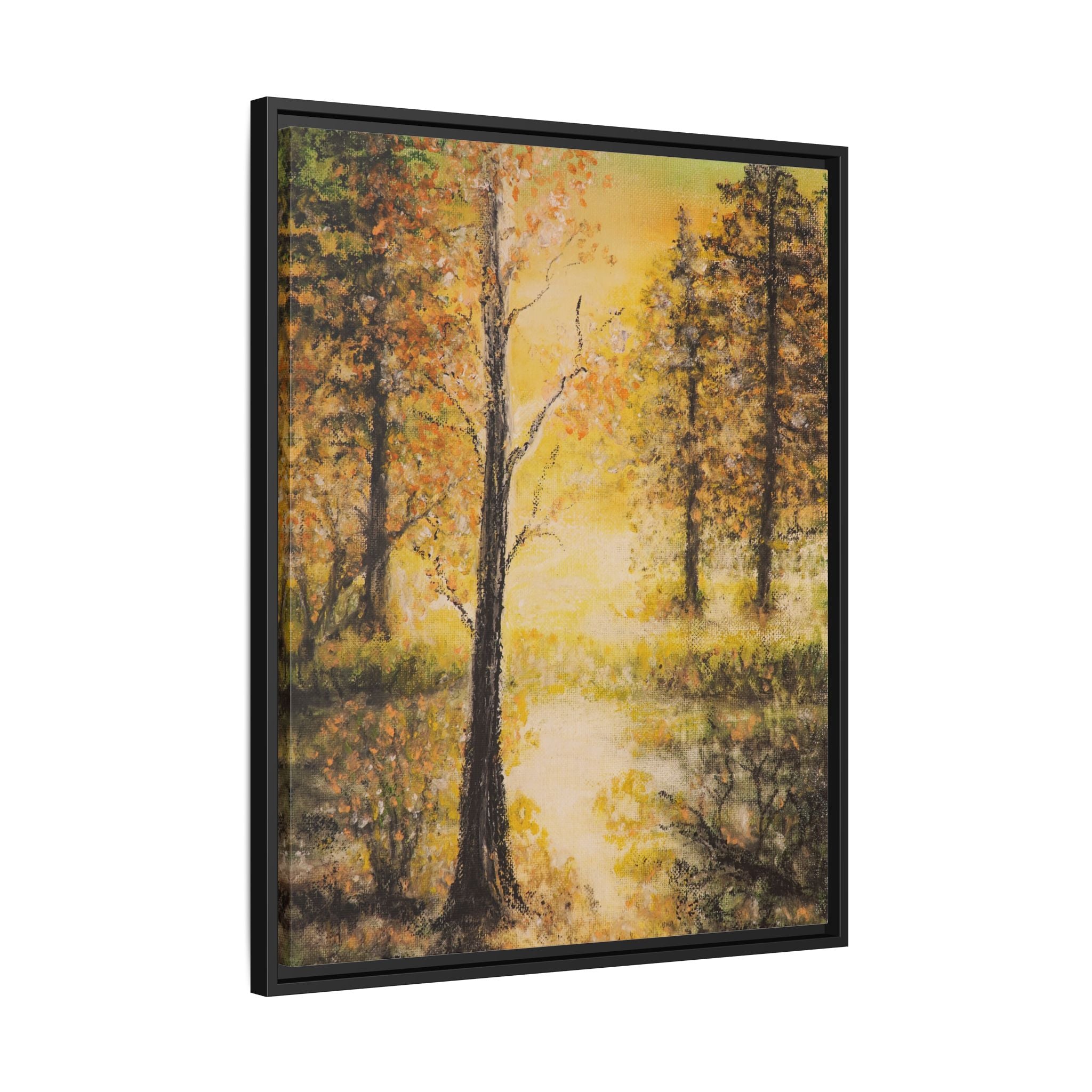 Framed Autumn Forest Canvas Print — Golden Lakeside Wall Art