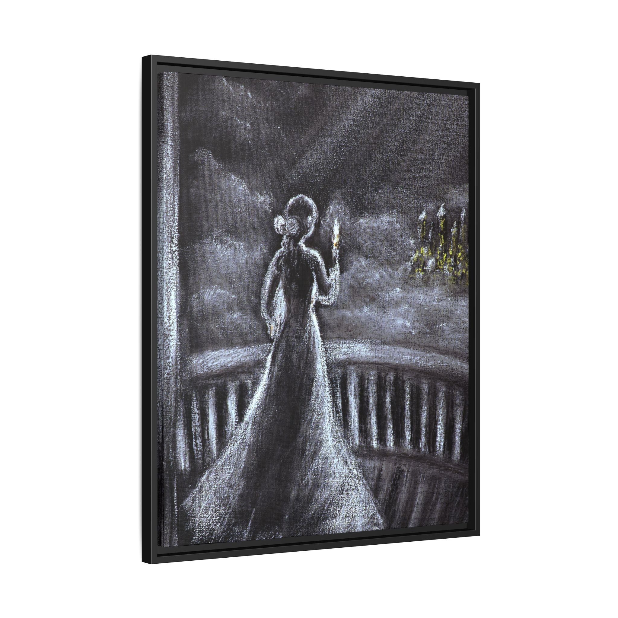 Framed Matte Canvas — Moonlit Lady on Balcony