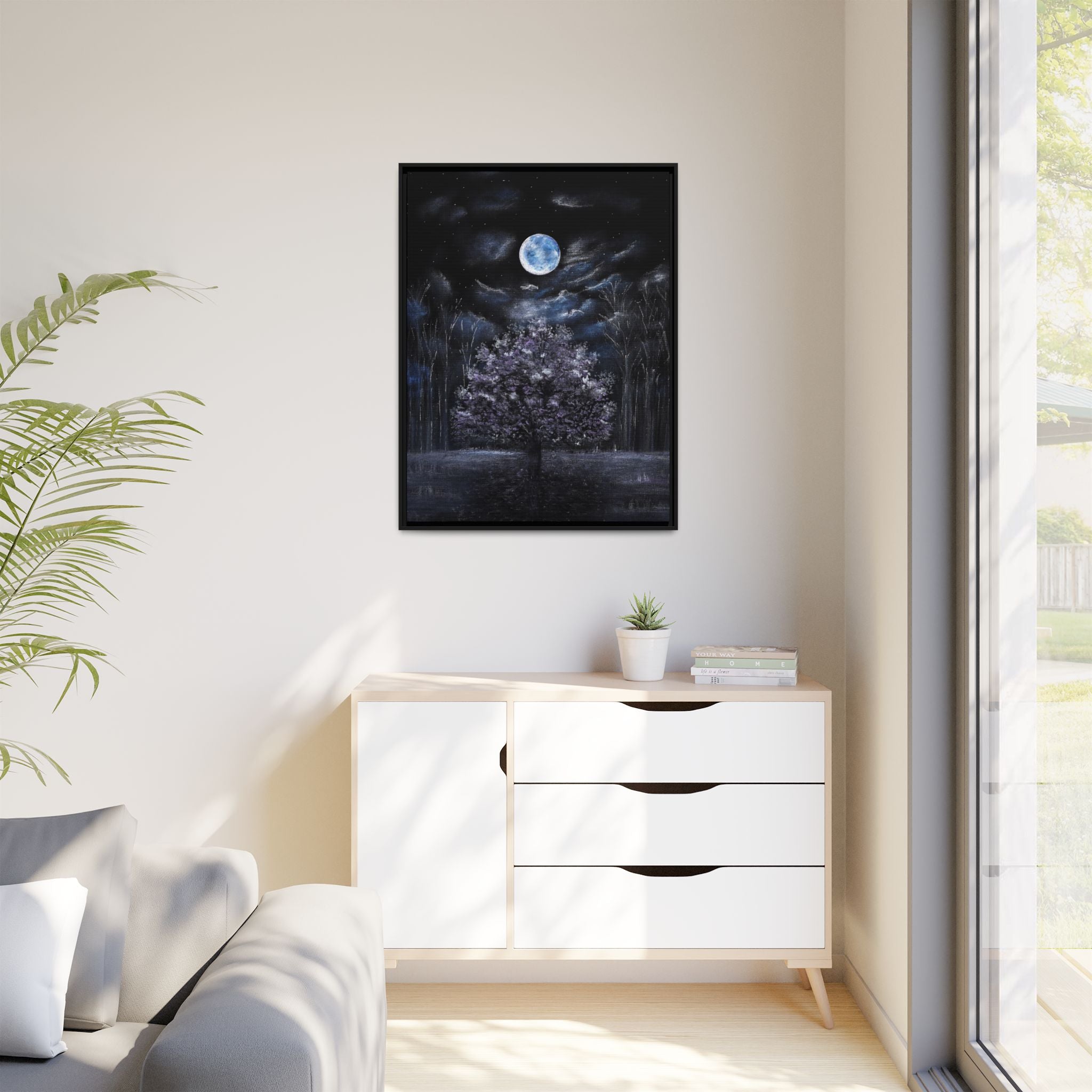 Framed Matte Canvas Art — Moonlit Tree Nightscape
