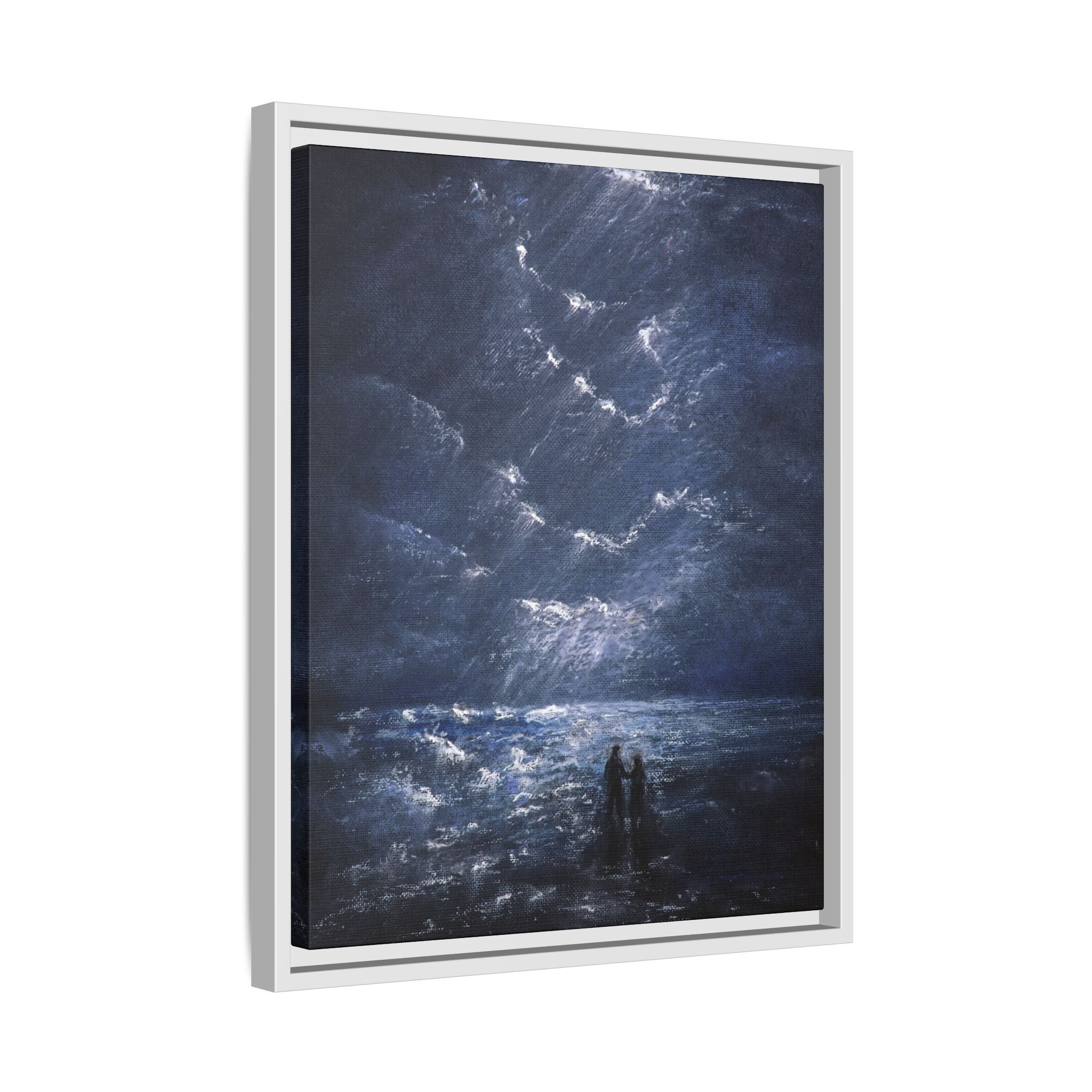 Couple on Shore at Night - Framed Canvas Art