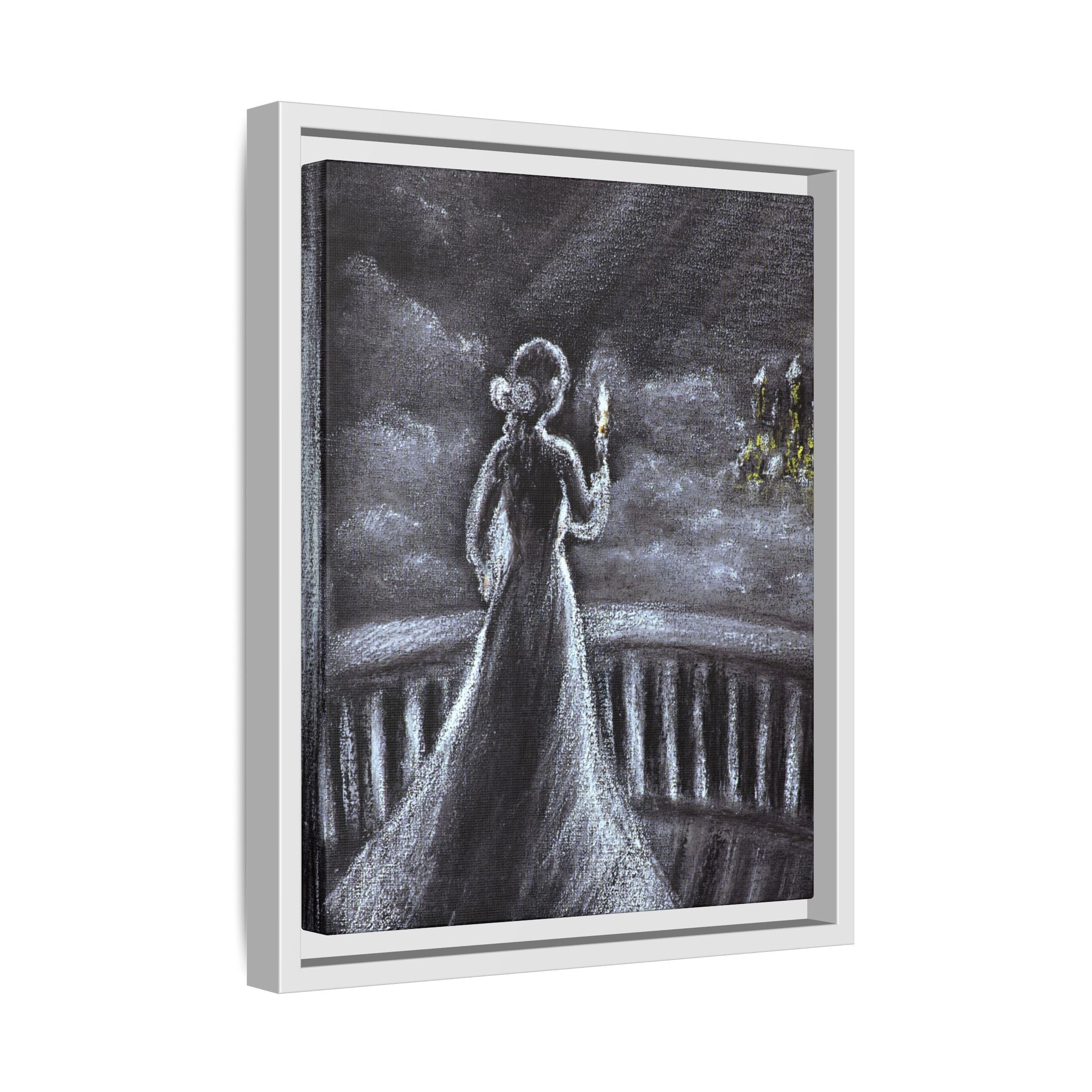 Framed Matte Canvas — Moonlit Lady on Balcony