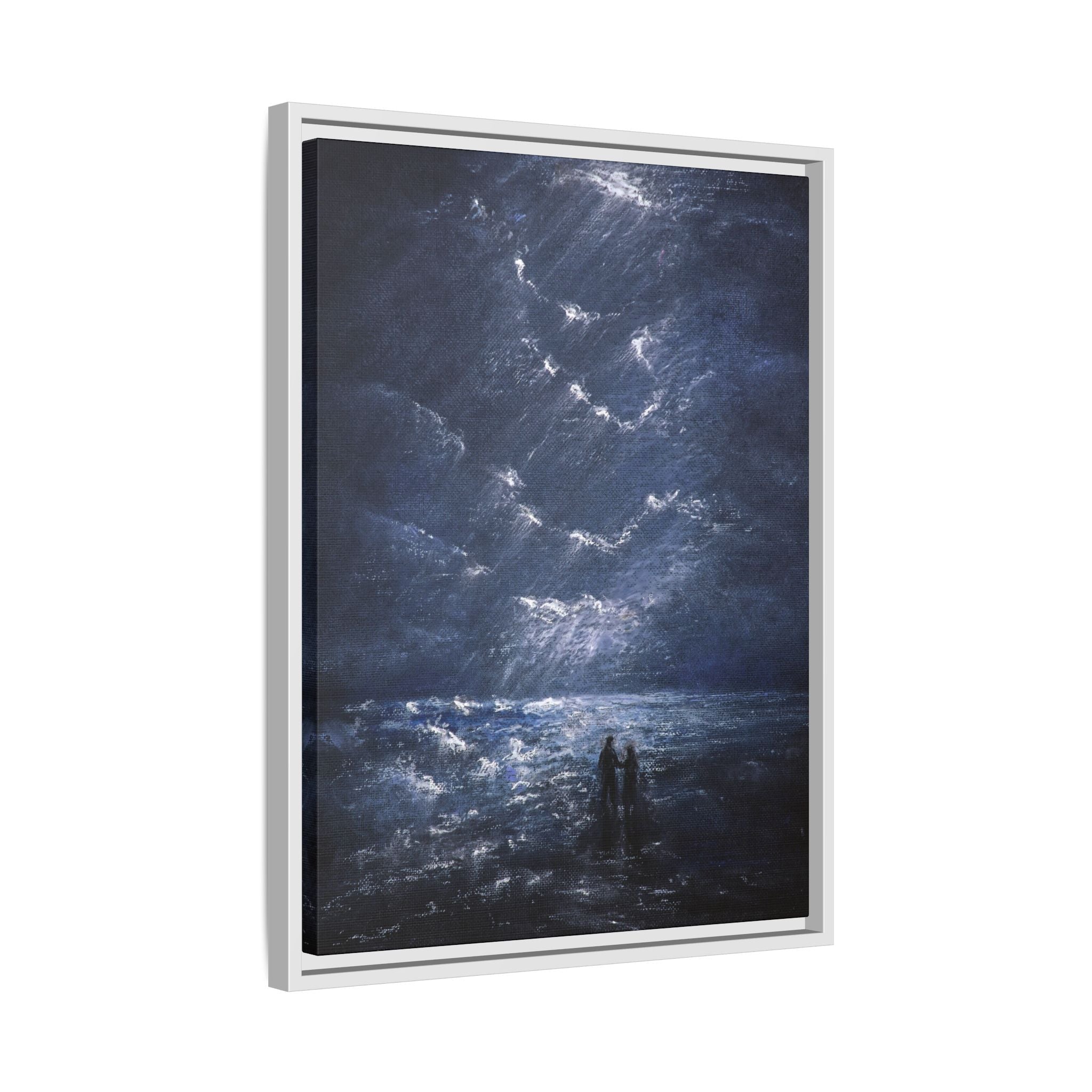 Couple on Shore at Night - Framed Canvas Art