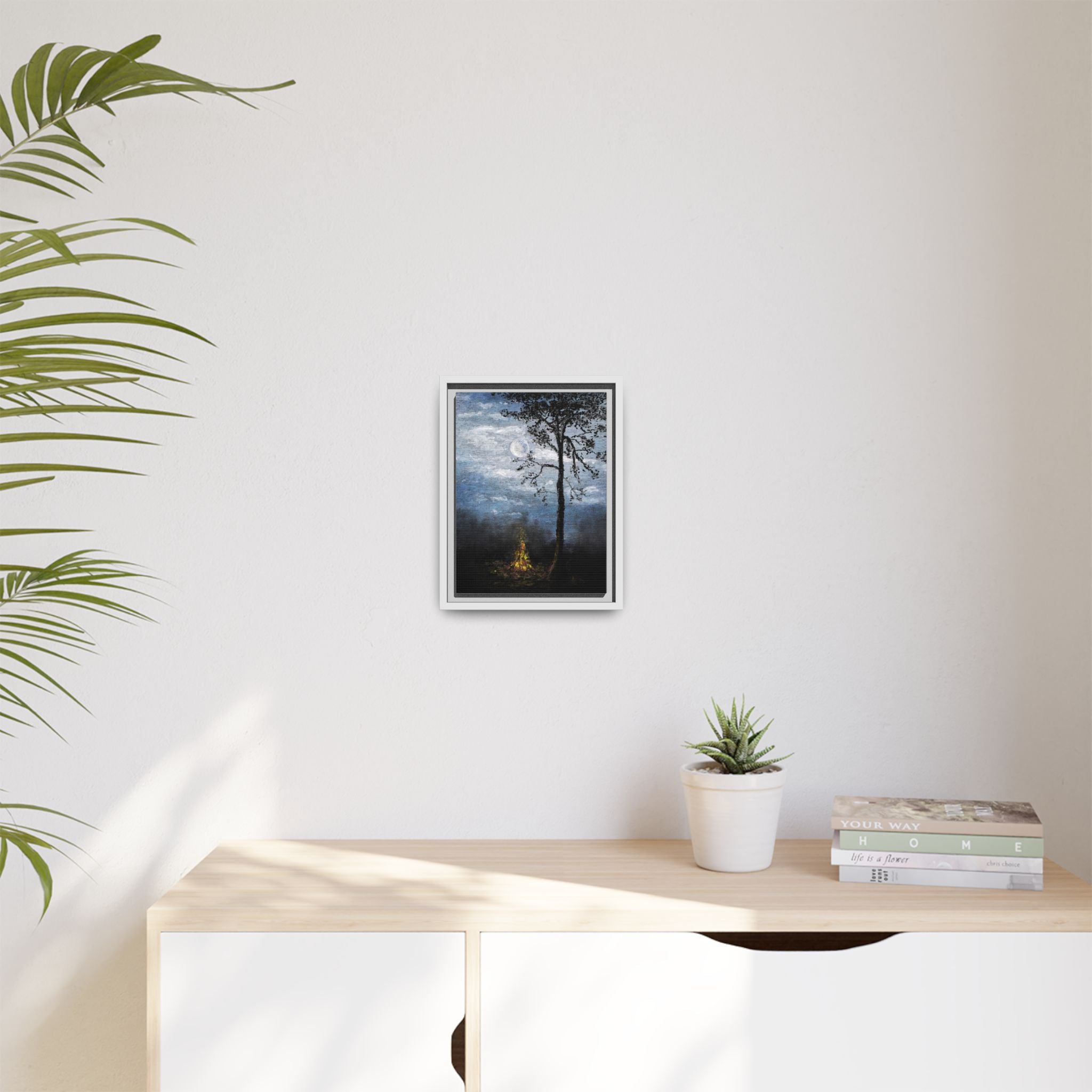 Framed Matte Canvas Print — Moonlit Campfire Landscape