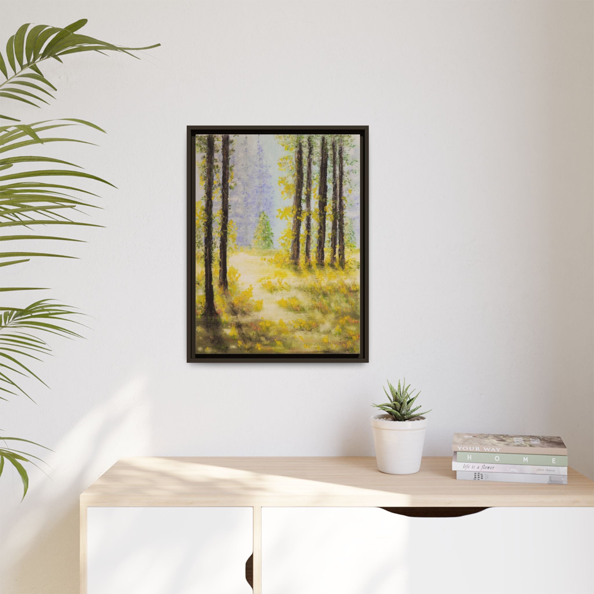 Framed Matte Canvas Print — Sunlit Forest Landscape Wall Art