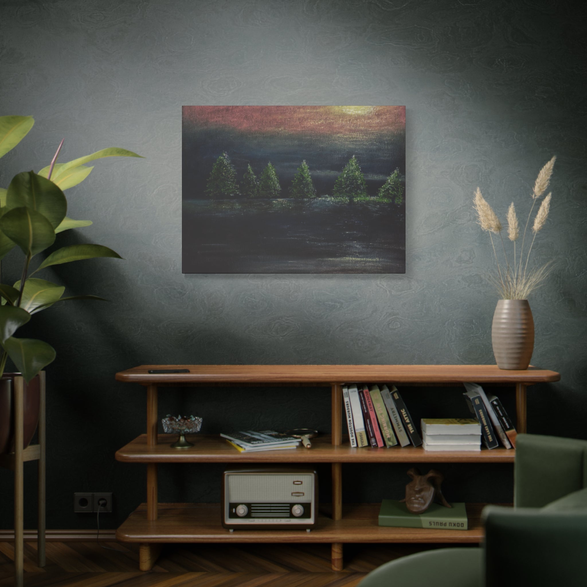 Moonlit Pine Trees Matte Canvas Wall Art — Stretched Nature Landscape Painting