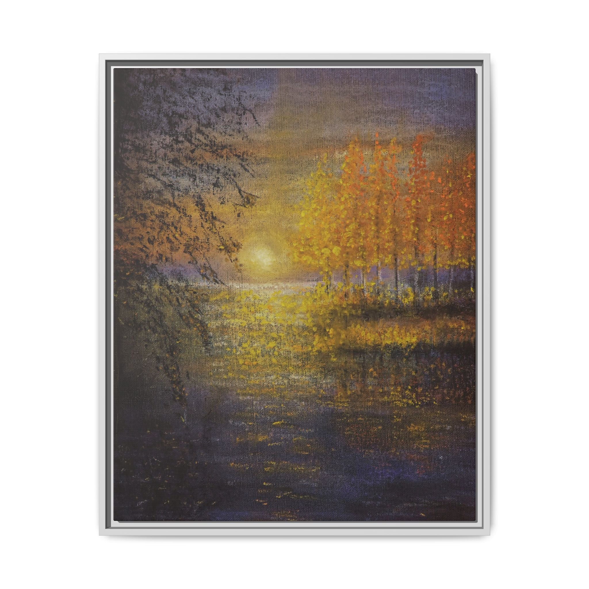 Framed Matte Canvas Painting - Golden Trees Over Tranquil Lake