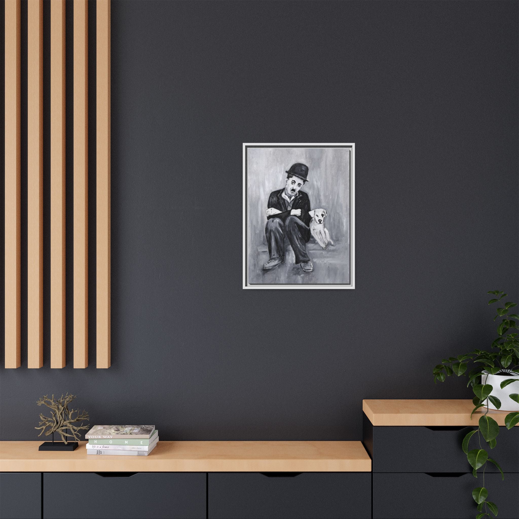 Charlie Chaplin & Dog Matte Framed Canvas Print — Vintage Black & White Wall Art