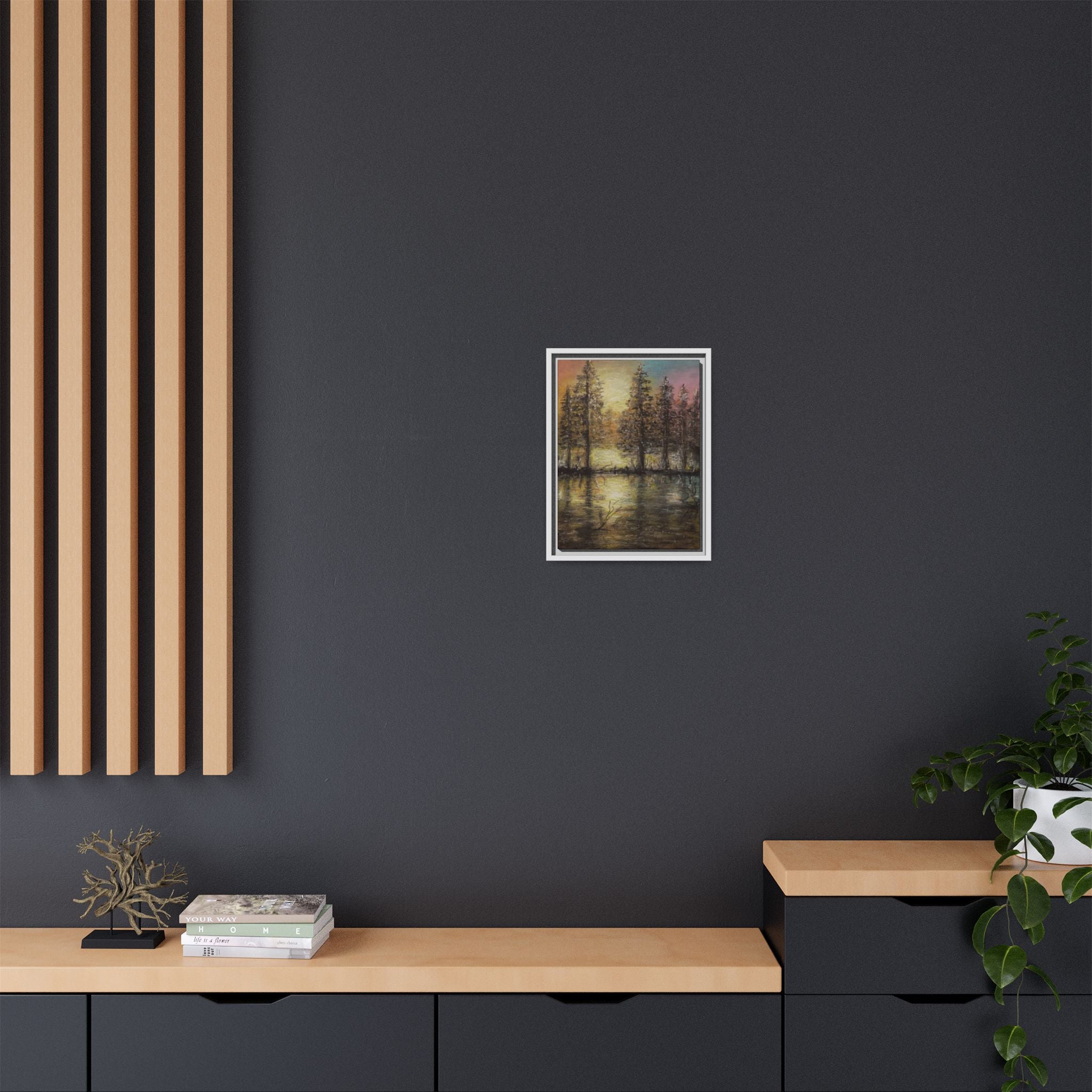 Framed Matte Canvas Wall Art — Sunset Forest Reflection