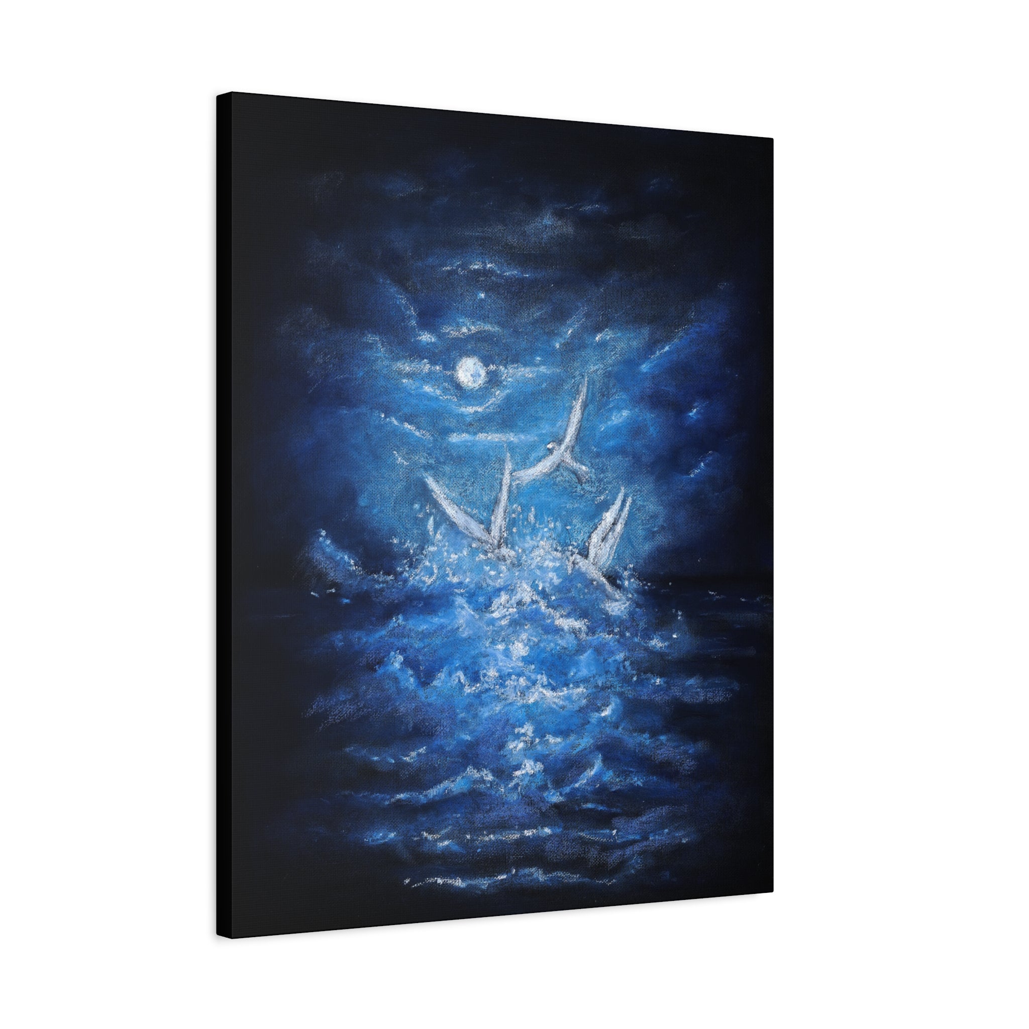 Moonlit White Birds Matte Stretched Canvas – Serene Ocean Wall Art