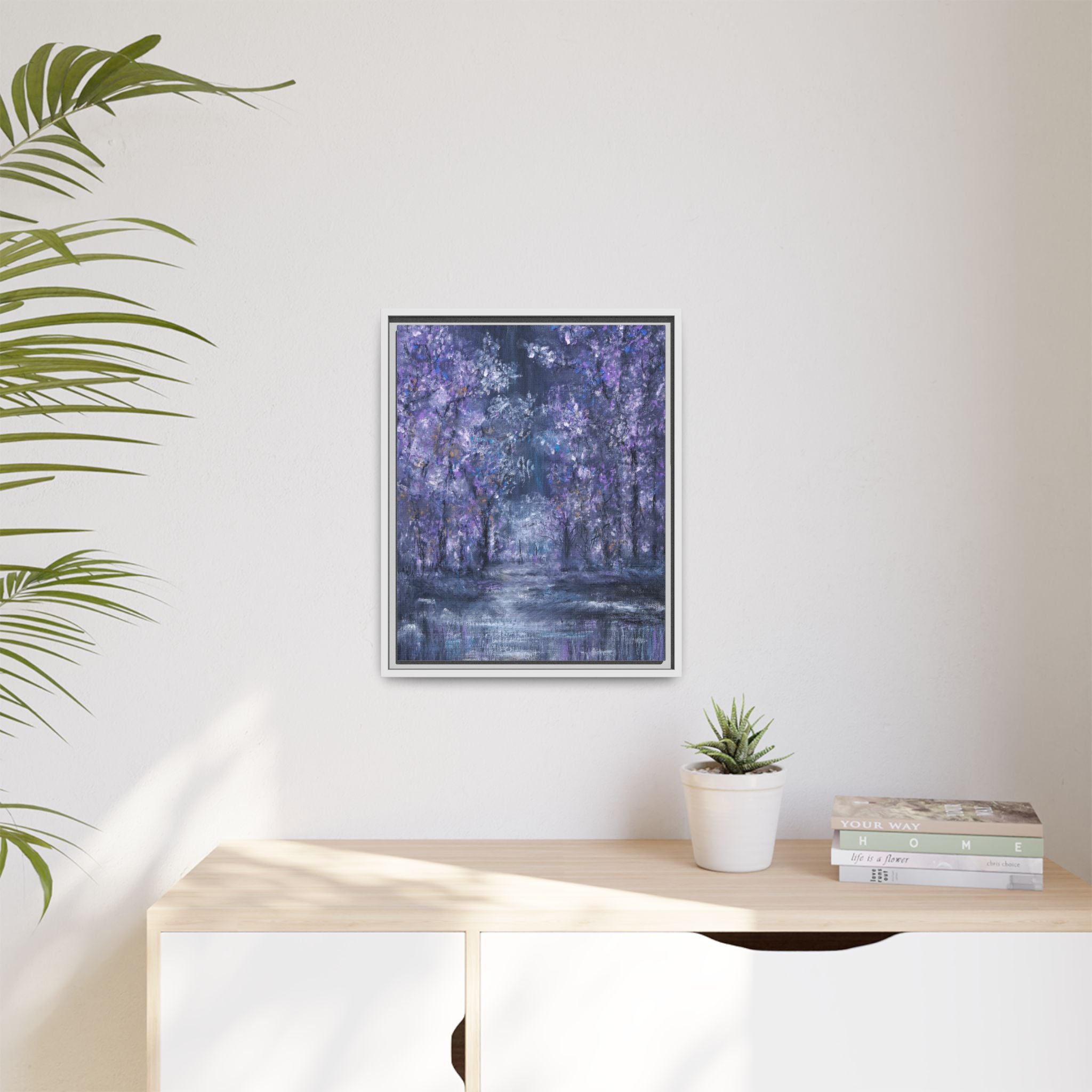 Framed Matte Canvas Art – Lavender Forest Moonlit Landscape