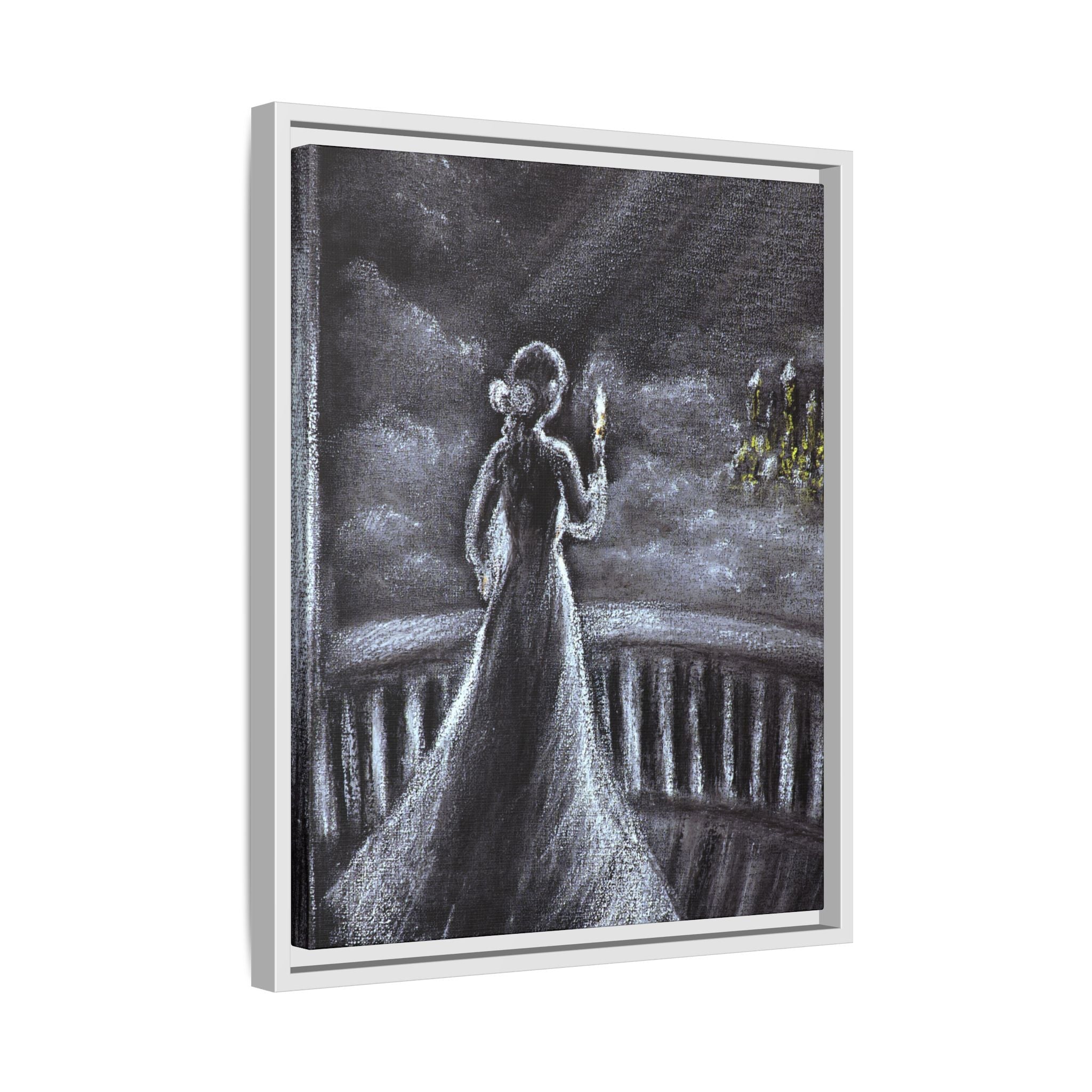 Framed Matte Canvas — Moonlit Lady on Balcony
